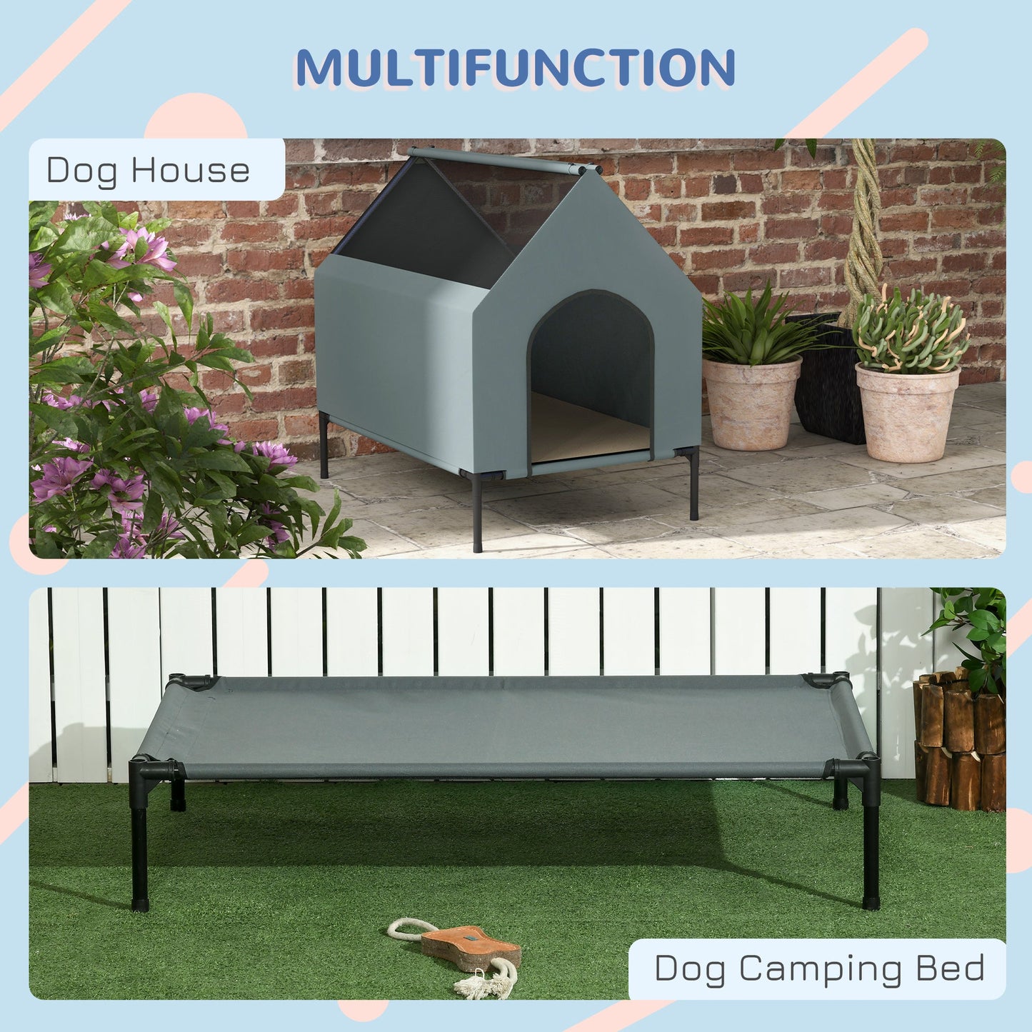 Dog House Outdoor, Elevated Dog House Dog Bed with Removable Cover, Mesh Windows, Storage Bag, for Small and Medium-Sized Dogs, Grey