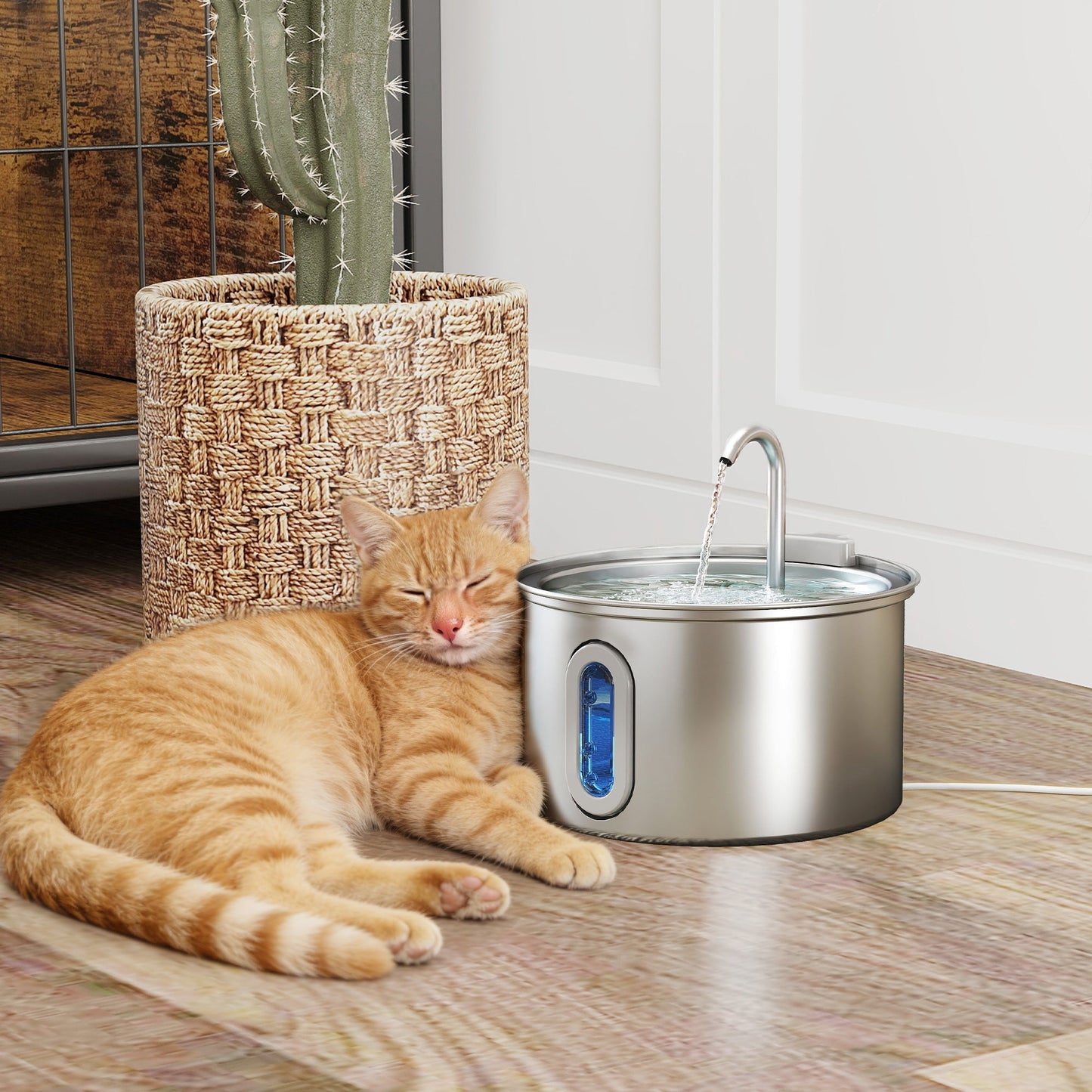 Cat Water Fountain for Drinking, 2.5L Cat Fountain Stainless Steel Automatic with Ultra-Silent Pump, Water-Level Window, 7 Filters