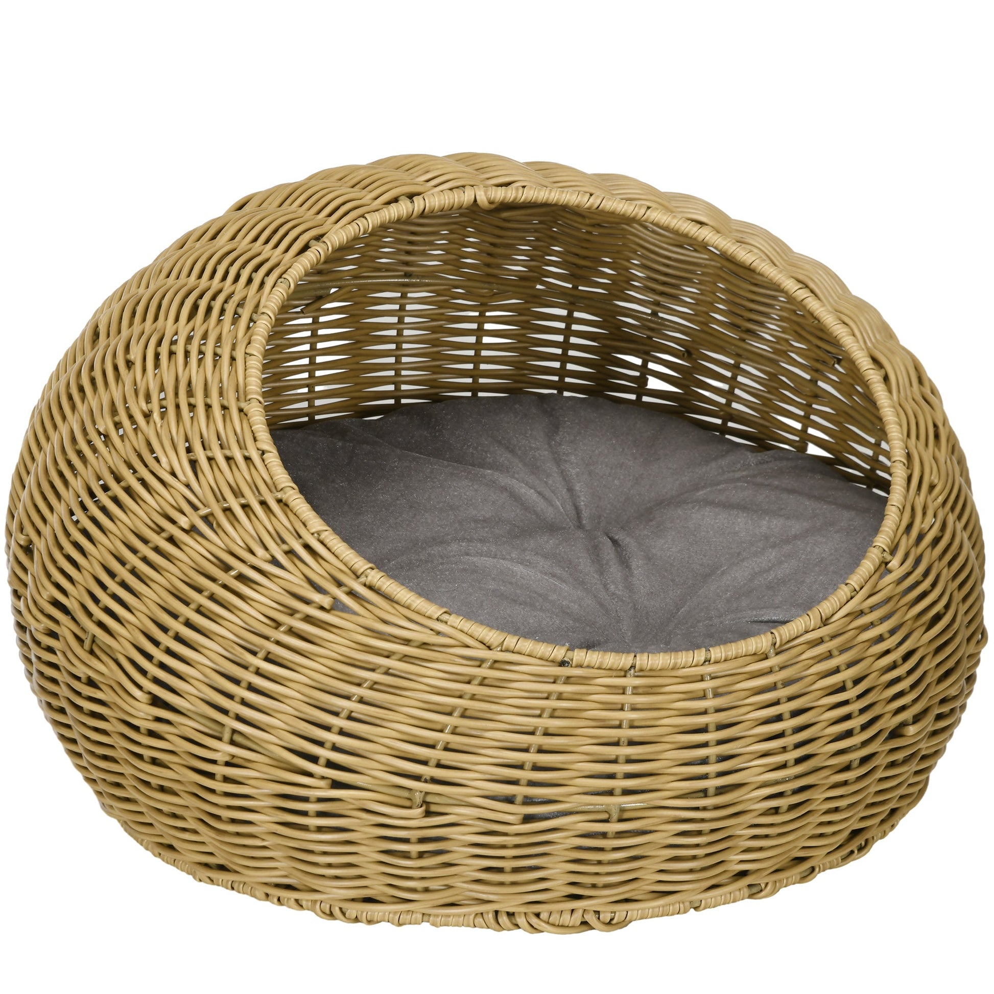 Wicker Cat House, Rattan Cat Bed Kitten Basket with Washable Cushion for Indoor Cats and Puppies, Light Brown