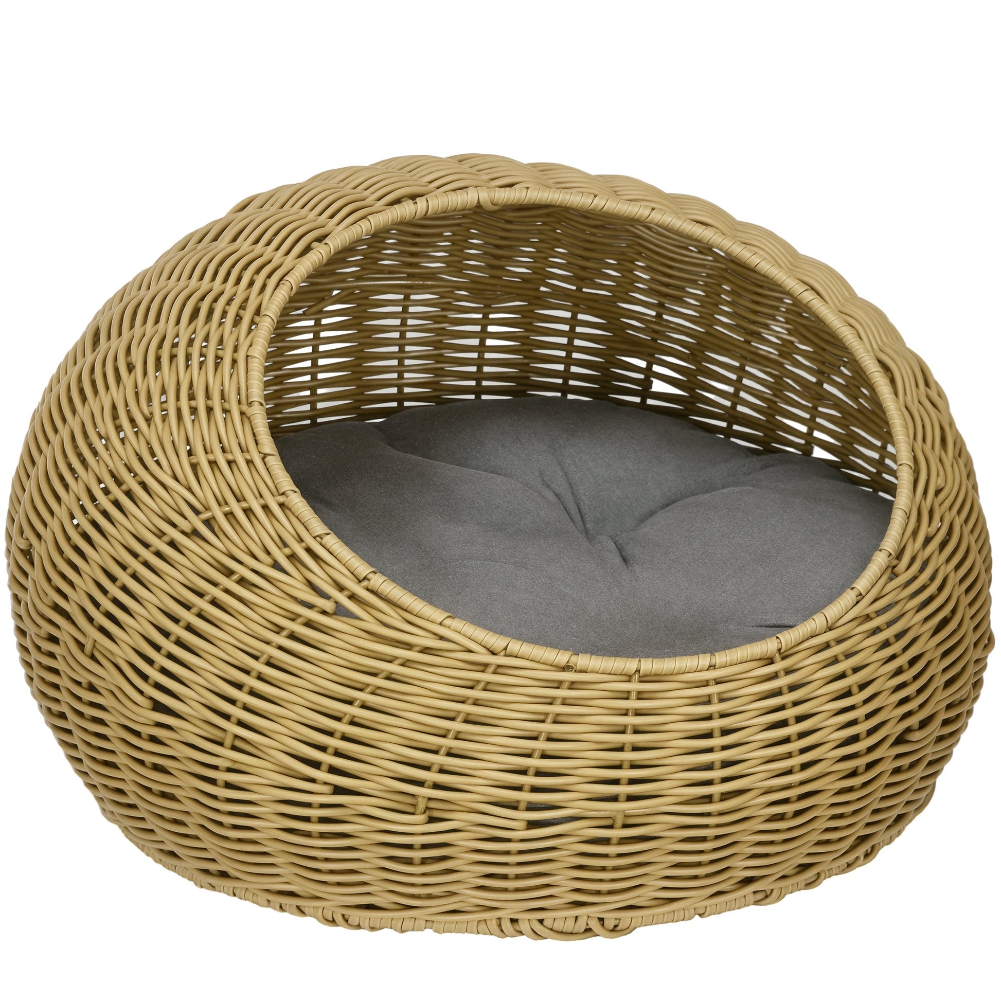 Wicker Cat House, Rattan Cat Bed Kitten Basket with Washable Cushion for Indoor Cats and Puppies, Light Brown