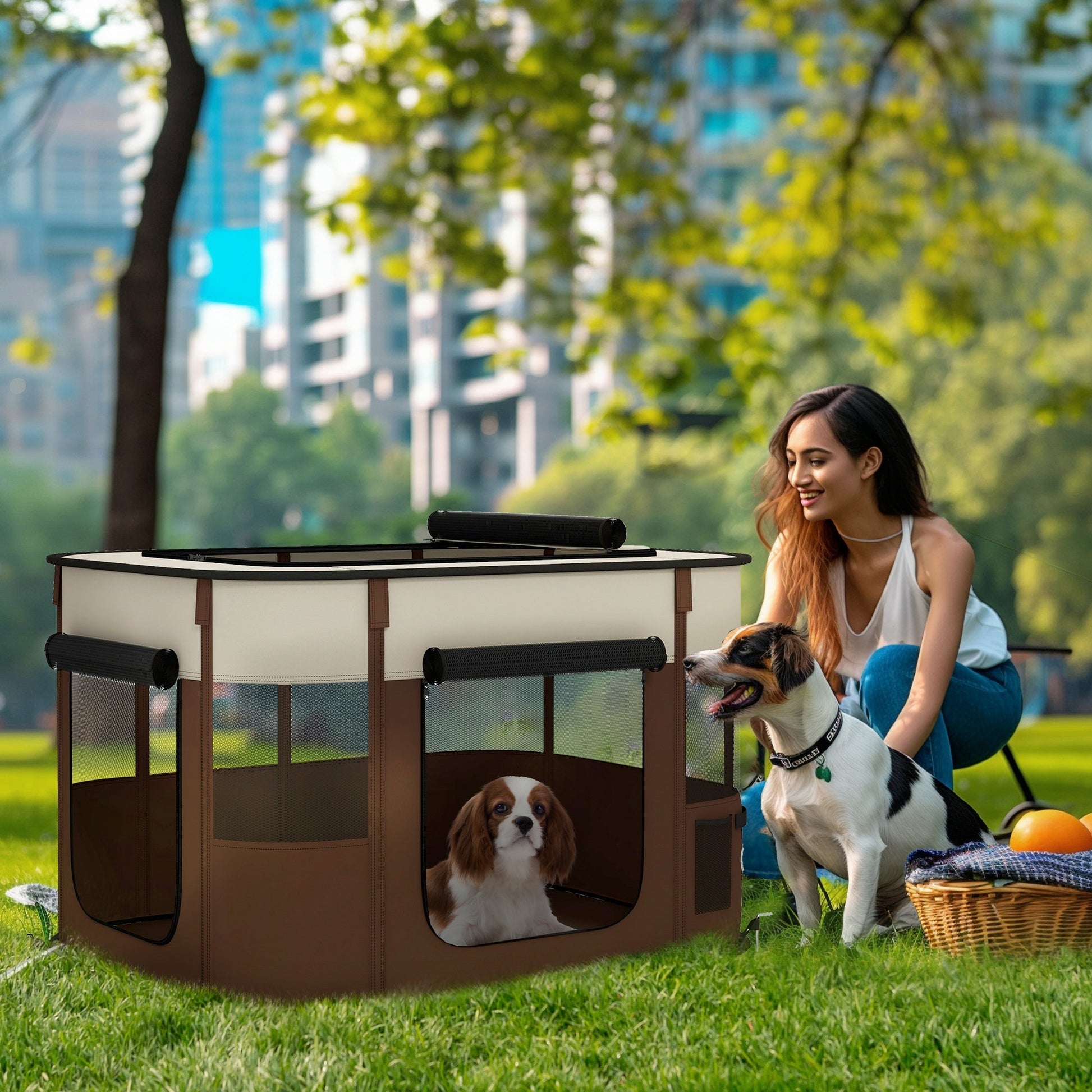 Dog Pen, Pet Playpen, Portable Foldable Dog Cat Playpen Soft Pet Cage with Storage Bag for Puppies, Rabbits, Kittens, Guinea Pigs, 94 x 74 x 60cm - Brown