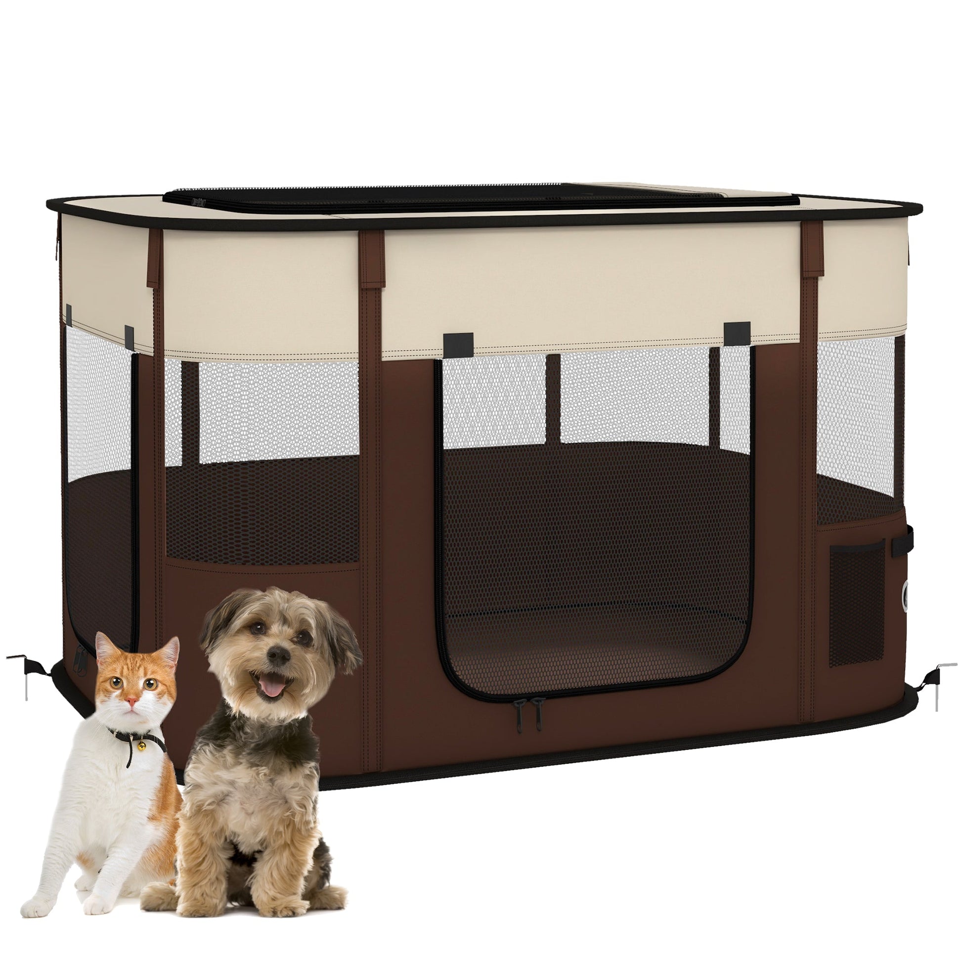 Dog Pen, Pet Playpen, Portable Foldable Dog Cat Playpen Soft Pet Cage with Storage Bag for Puppies, Rabbits, Kittens, Guinea Pigs, 94 x 74 x 60cm - Brown