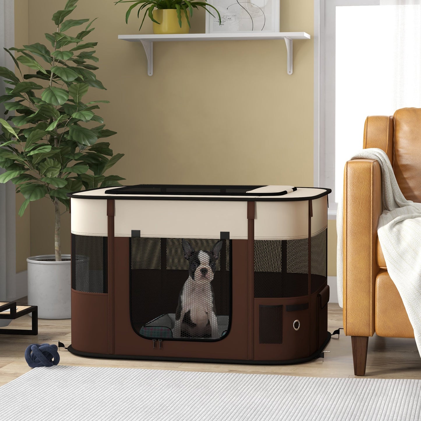 Dog Pen, Pet Playpen, Portable Foldable Dog Cat Playpen Soft Pet Cage with Storage Bag for Puppies, Rabbits, Kittens, Guinea Pigs, 94 x 74 x 60cm - Brown