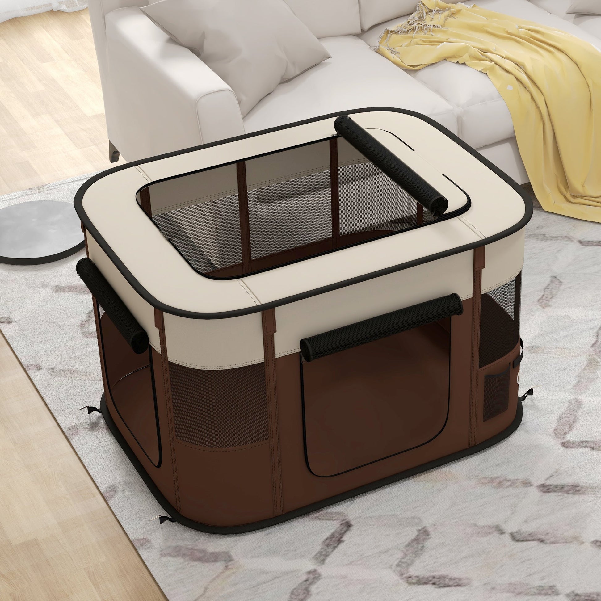 Dog Pen, Pet Playpen, Portable Foldable Dog Cat Playpen Soft Pet Cage with Storage Bag for Puppies, Rabbits, Kittens, Guinea Pigs, 94 x 74 x 60cm - Brown