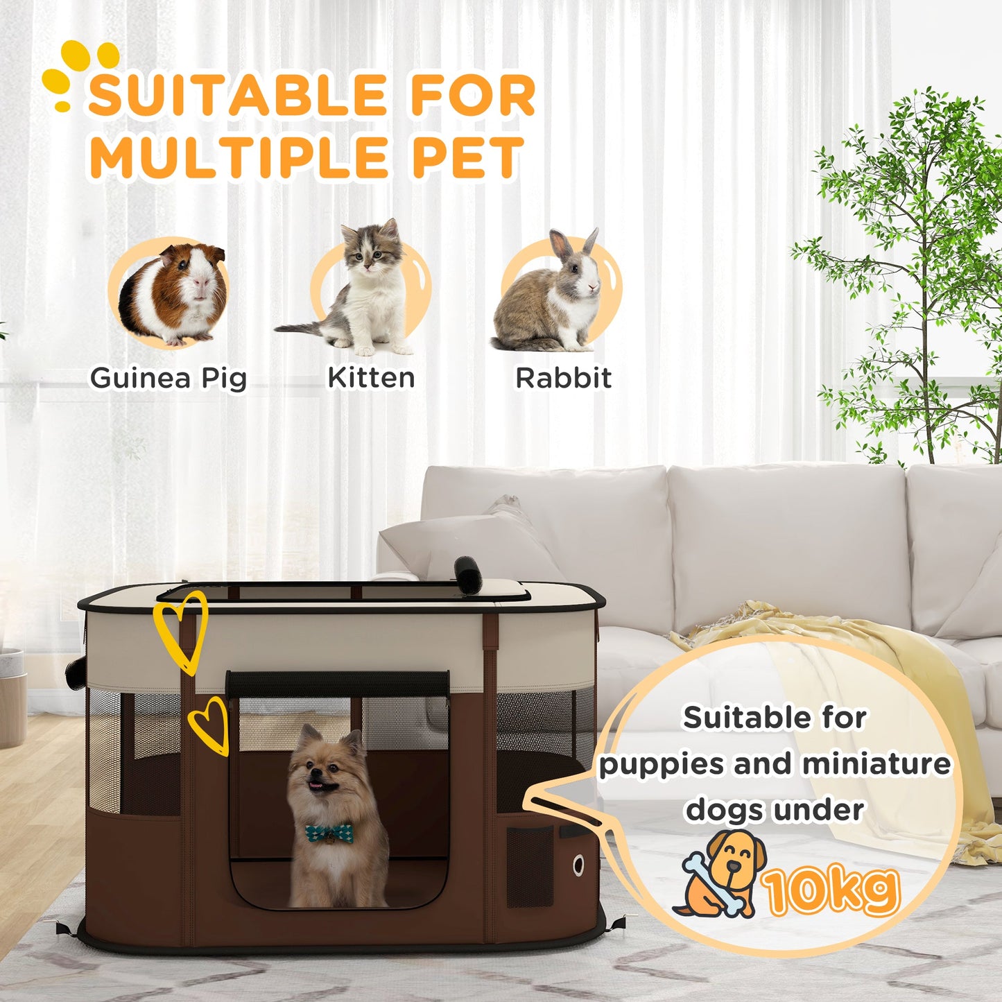 Dog Pen, Pet Playpen, Portable Foldable Dog Cat Playpen Soft Pet Cage with Storage Bag for Puppies, Rabbits, Kittens, Guinea Pigs, 94 x 74 x 60cm - Brown