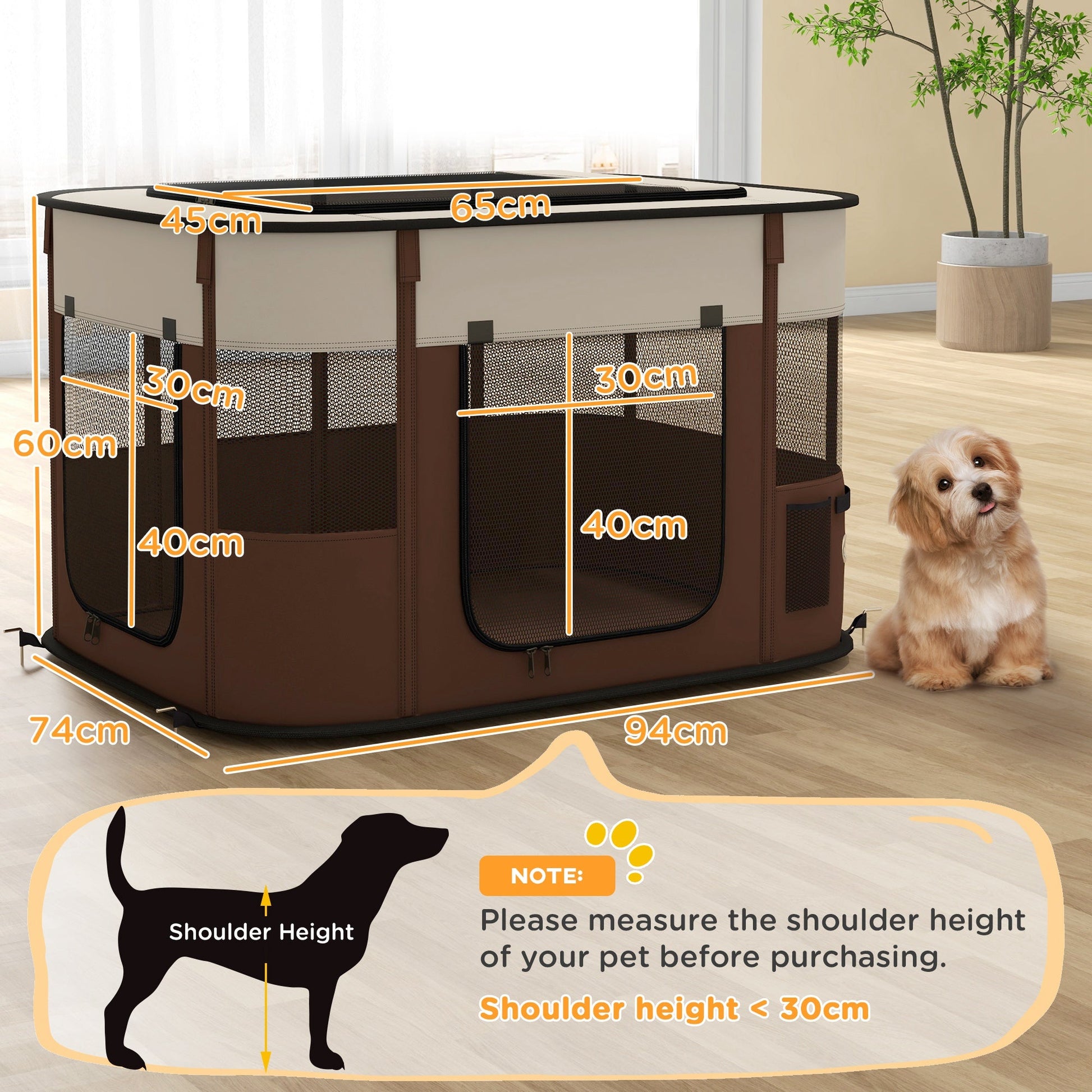 Dog Pen, Pet Playpen, Portable Foldable Dog Cat Playpen Soft Pet Cage with Storage Bag for Puppies, Rabbits, Kittens, Guinea Pigs, 94 x 74 x 60cm - Brown