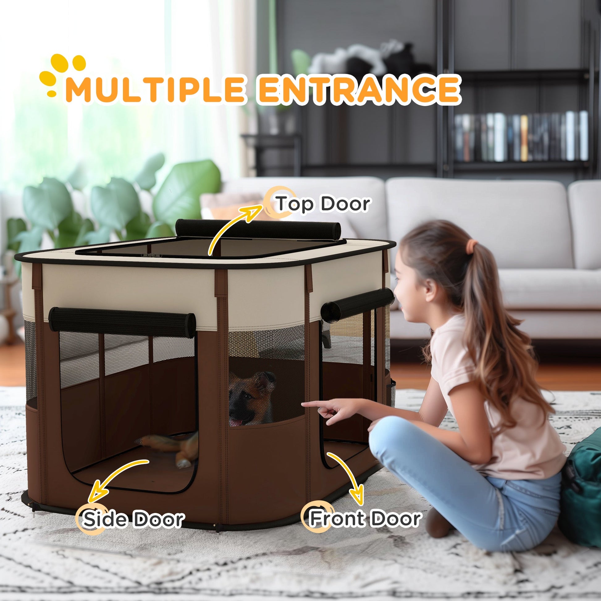 Dog Pen, Pet Playpen, Portable Foldable Dog Cat Playpen Soft Pet Cage with Storage Bag for Puppies, Rabbits, Kittens, Guinea Pigs, 94 x 74 x 60cm - Brown