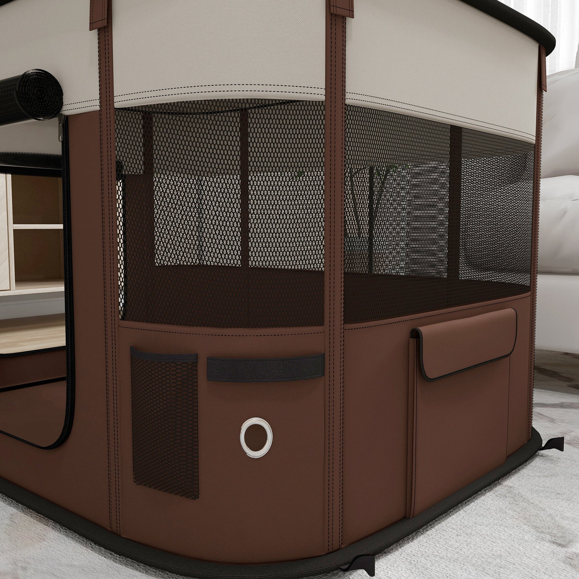 Dog Pen, Pet Playpen, Portable Foldable Dog Cat Playpen Soft Pet Cage with Storage Bag for Puppies, Rabbits, Kittens, Guinea Pigs, 94 x 74 x 60cm - Brown