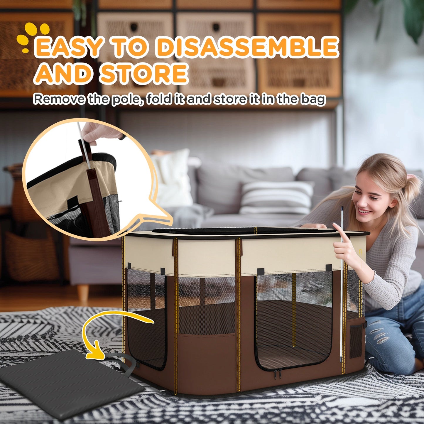 Dog Pen, Pet Playpen, Portable Foldable Dog Cat Playpen Soft Pet Cage with Storage Bag for Puppies, Rabbits, Kittens, Guinea Pigs, 94 x 74 x 60cm - Brown