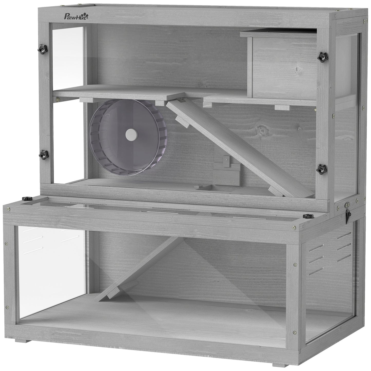 Wooden Hamster Cage, Large Gerbil Cage with Hut, Wheel, Ramps, 3 Tier Small Animal Habitat with Removable Viewing Panels, 80 x 50 x 84 cm, Grey