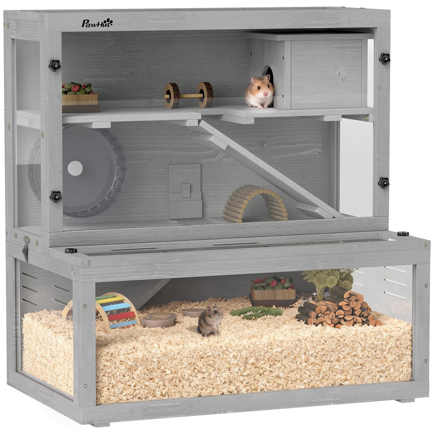 Wooden Hamster Cage, Large Gerbil Cage with Hut, Wheel, Ramps, 3 Tier Small Animal Habitat with Removable Viewing Panels, 80 x 50 x 84 cm, Grey