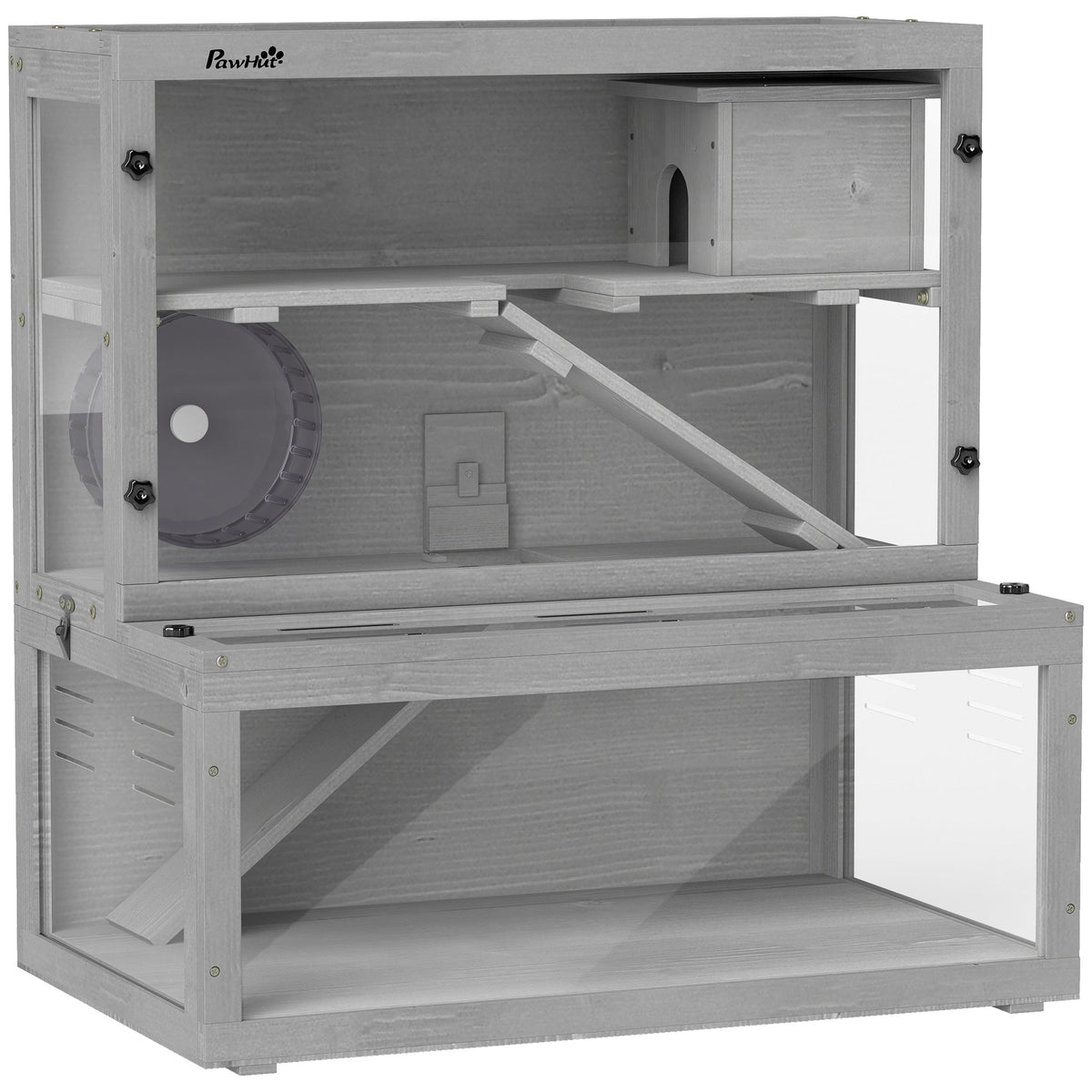 Wooden Hamster Cage, Large Gerbil Cage with Hut, Wheel, Ramps, 3 Tier Small Animal Habitat with Removable Viewing Panels, 80 x 50 x 84 cm, Grey