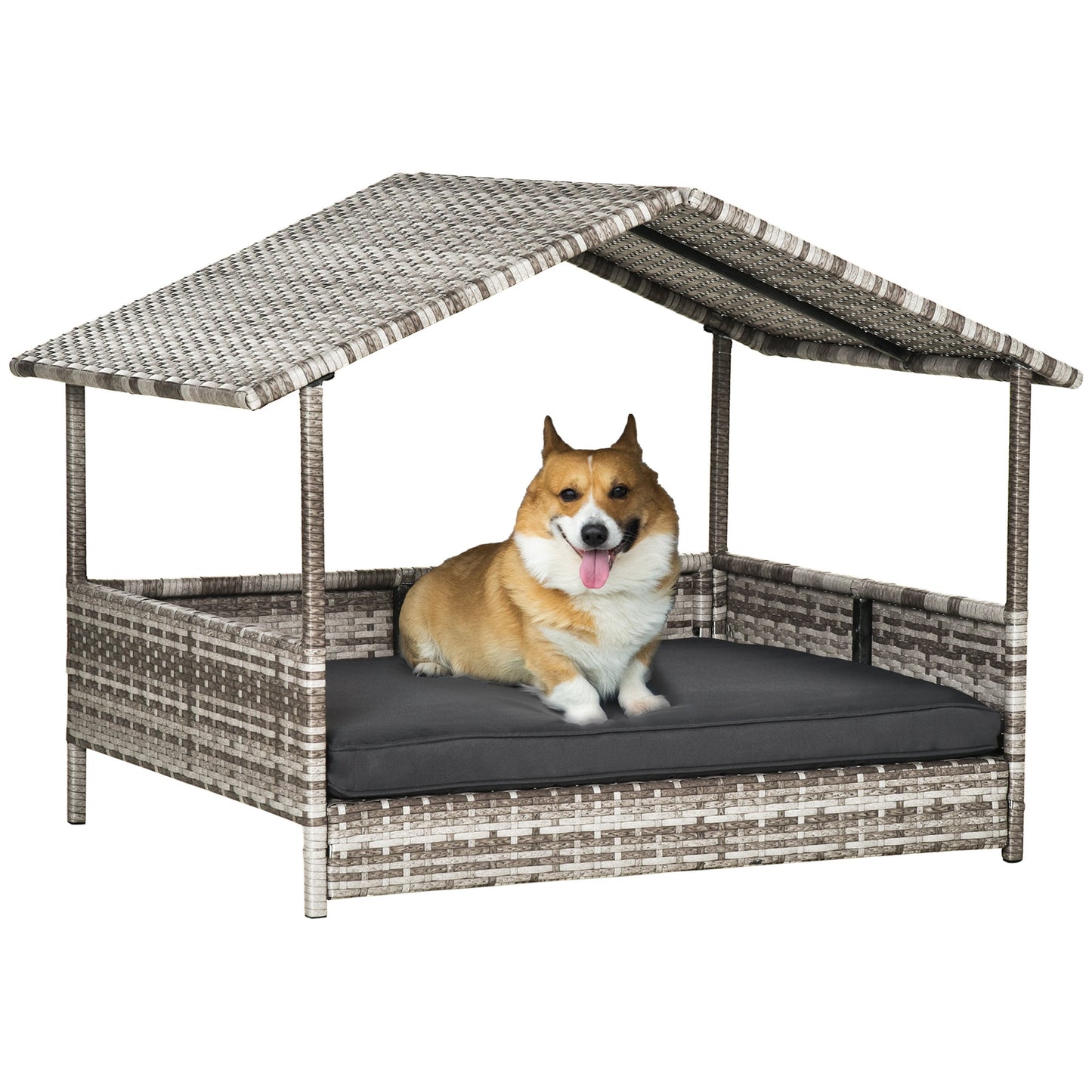 Wicker Dog Bed, Elevated Rattan Dog House with Removable Cushion and Canopy, for Small and Medium Dogs, 98 x 69 x 70cm - Dark Grey