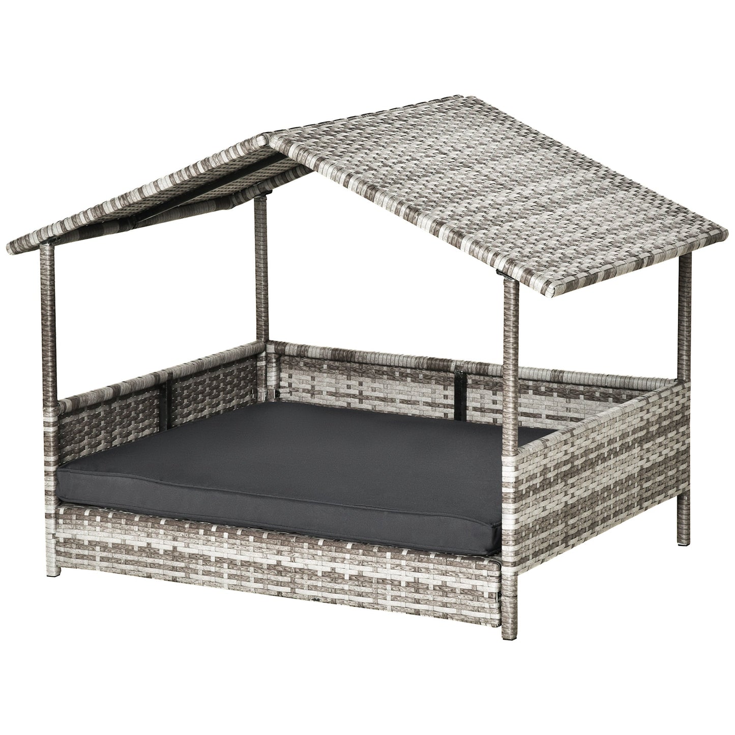Wicker Dog Bed, Elevated Rattan Dog House with Removable Cushion and Canopy, for Small and Medium Dogs, 98 x 69 x 70cm - Dark Grey