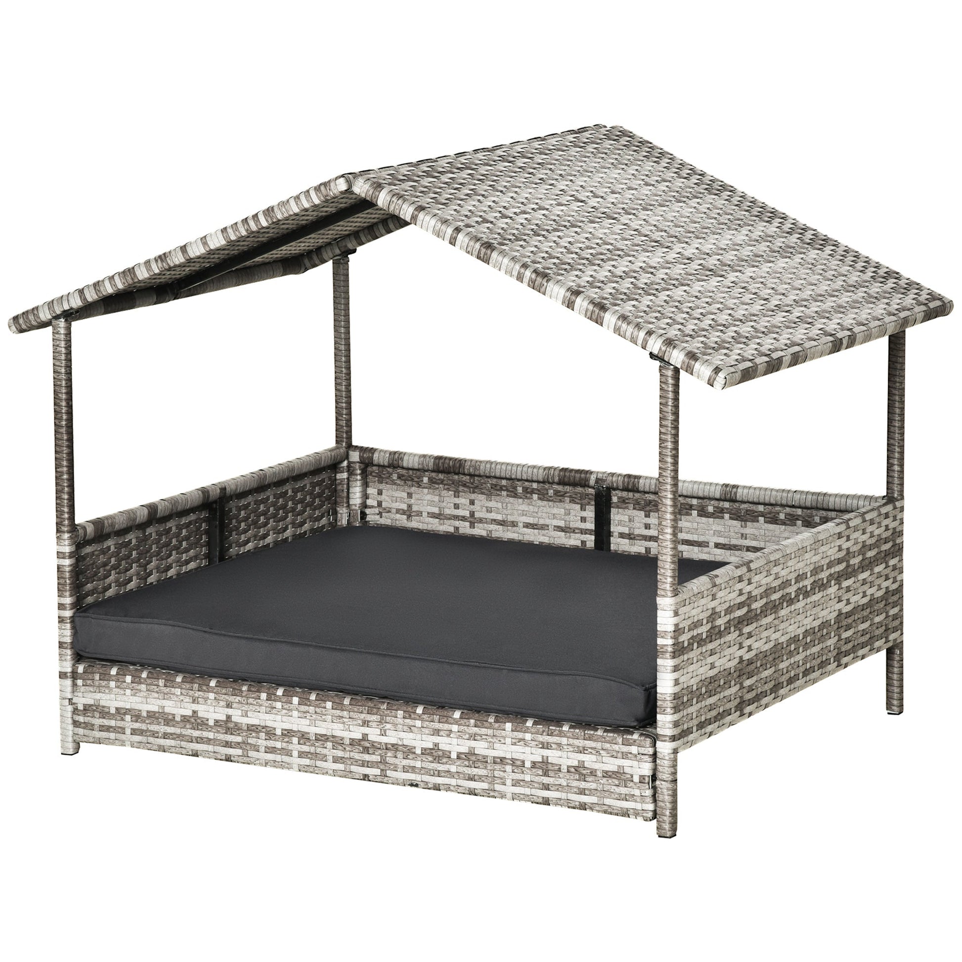Wicker Dog Bed, Elevated Rattan Dog House with Removable Cushion and Canopy, for Small and Medium Dogs, 98 x 69 x 70cm - Dark Grey