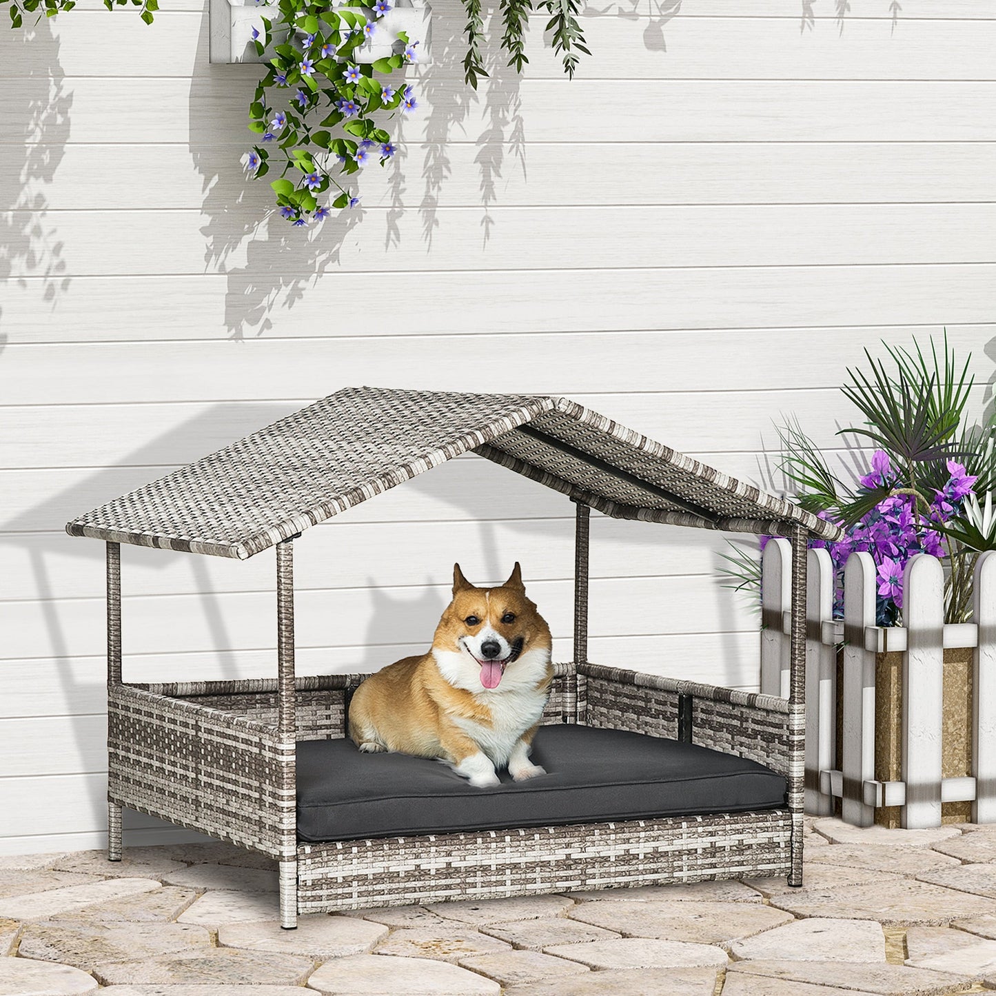 Wicker Dog Bed, Elevated Rattan Dog House with Removable Cushion and Canopy, for Small and Medium Dogs, 98 x 69 x 70cm - Dark Grey