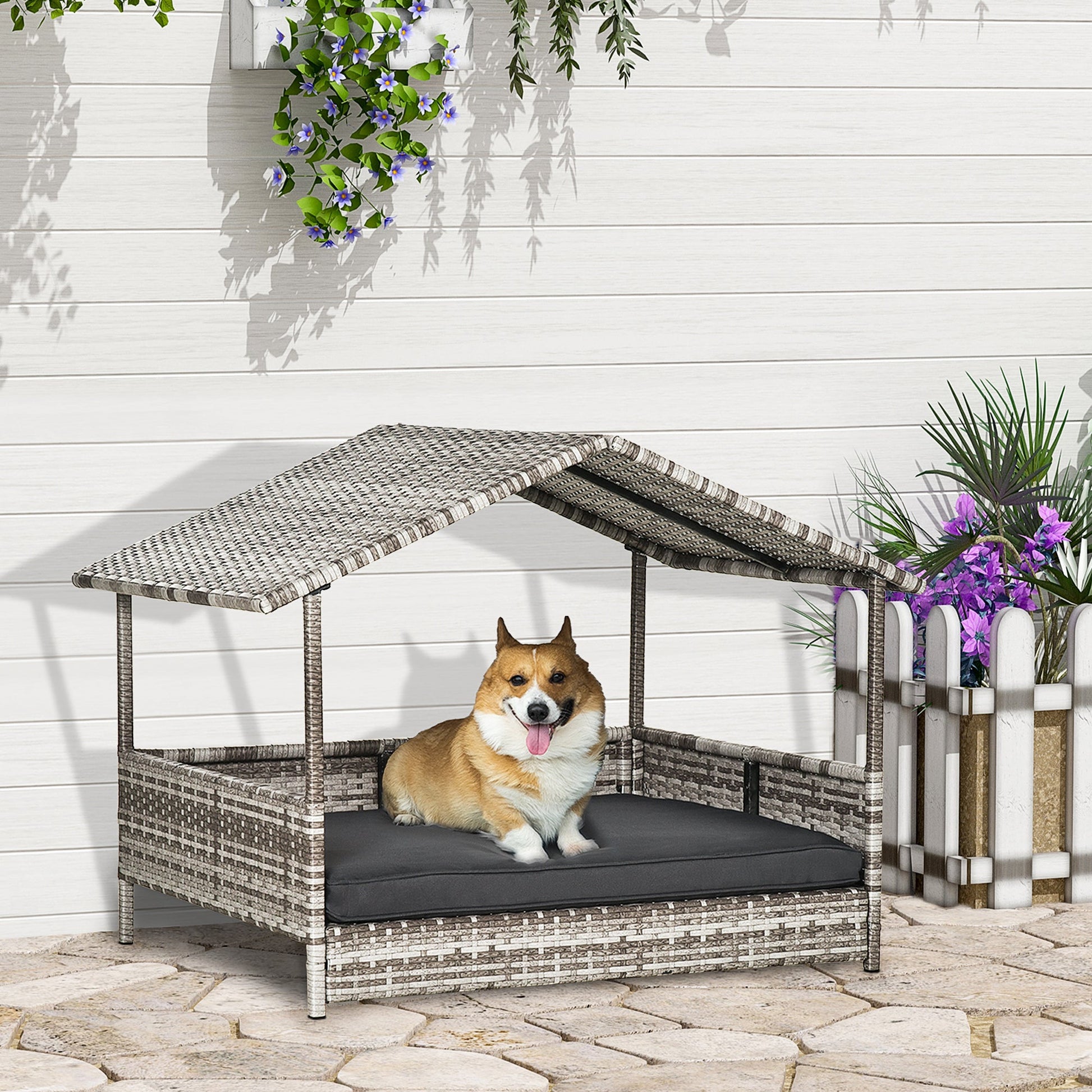 Wicker Dog Bed, Elevated Rattan Dog House with Removable Cushion and Canopy, for Small and Medium Dogs, 98 x 69 x 70cm - Dark Grey
