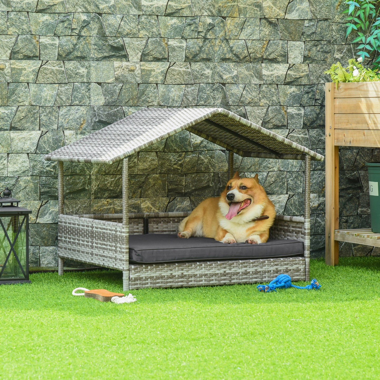 Wicker Dog Bed, Elevated Rattan Dog House with Removable Cushion and Canopy, for Small and Medium Dogs, 98 x 69 x 70cm - Dark Grey