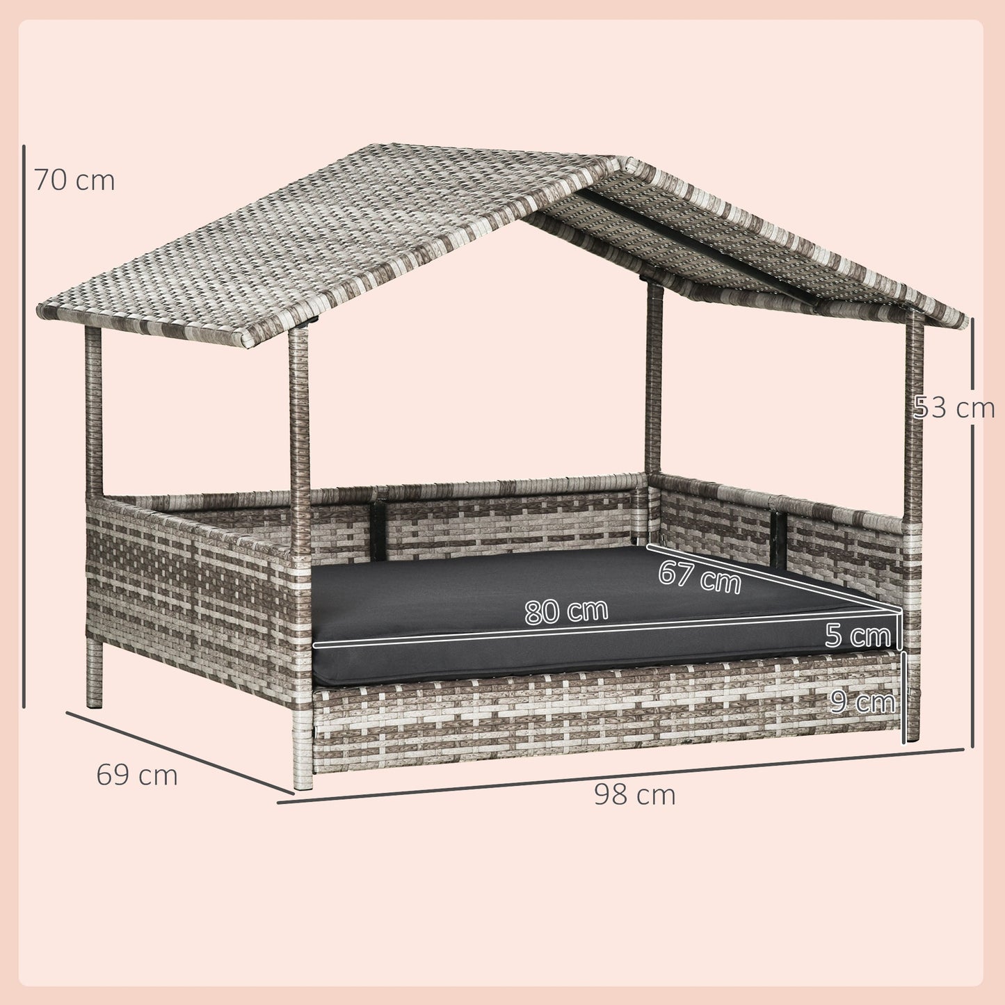 Wicker Dog Bed, Elevated Rattan Dog House with Removable Cushion and Canopy, for Small and Medium Dogs, 98 x 69 x 70cm - Dark Grey