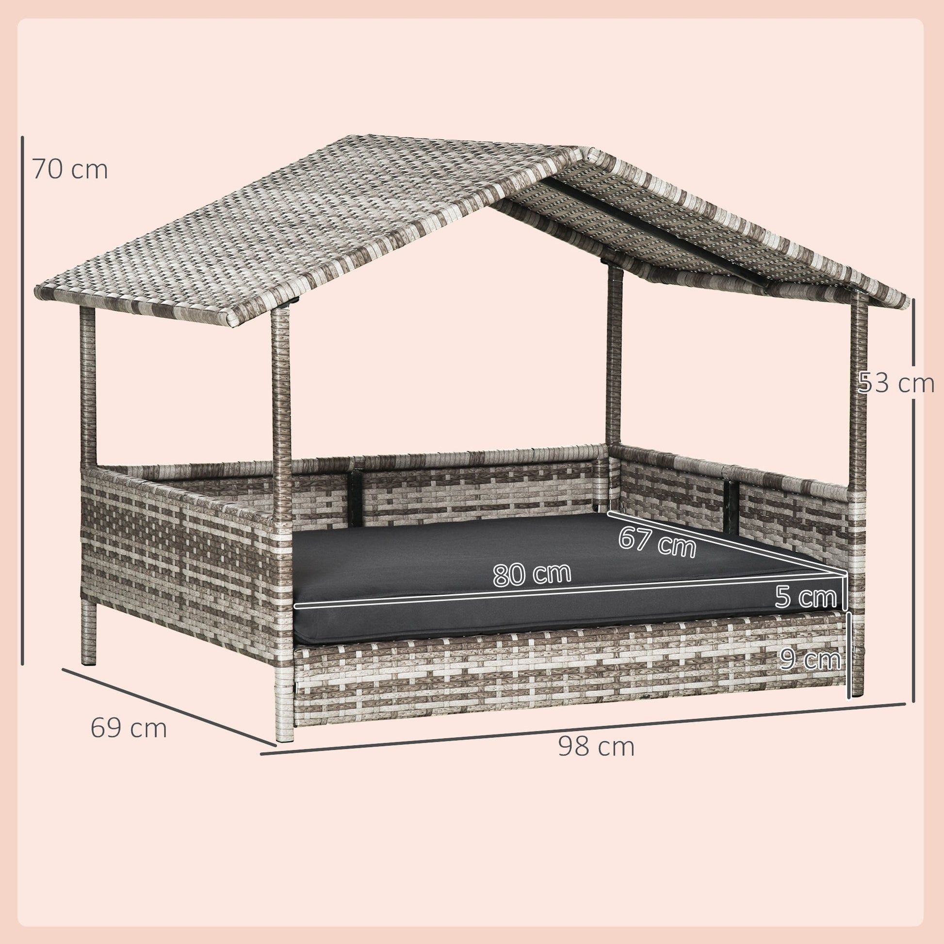 Wicker Dog Bed, Elevated Rattan Dog House with Removable Cushion and Canopy, for Small and Medium Dogs, 98 x 69 x 70cm - Dark Grey