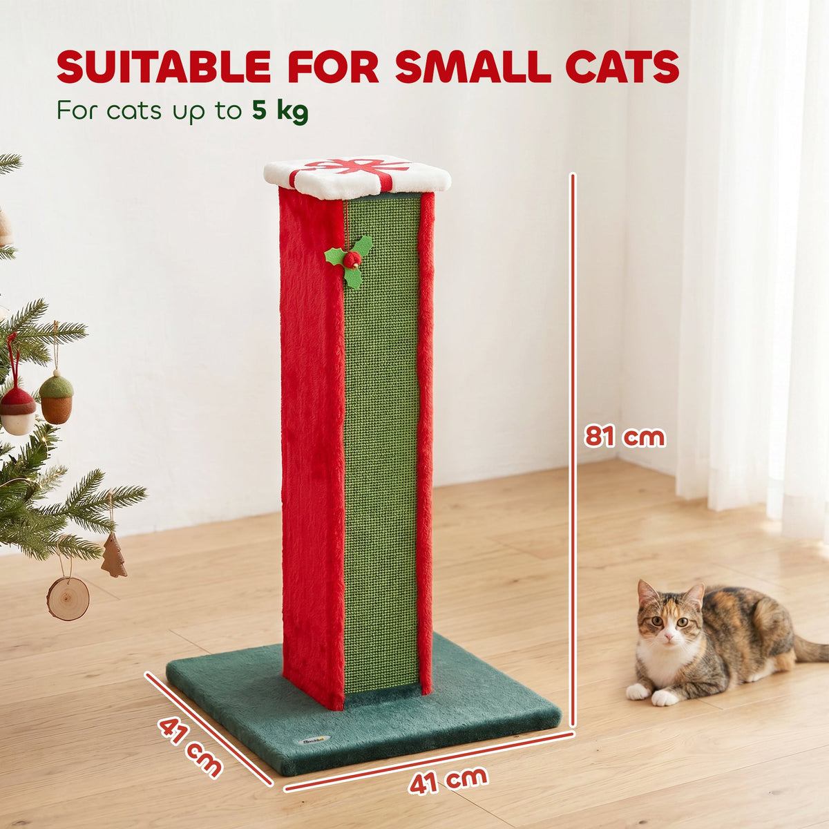 Cat Scratching Post for Indoor Cats, 81cm Tall Cat Scratcher with Sisal Rope, Hanging Bell Toy and Stable Base, Green and Red