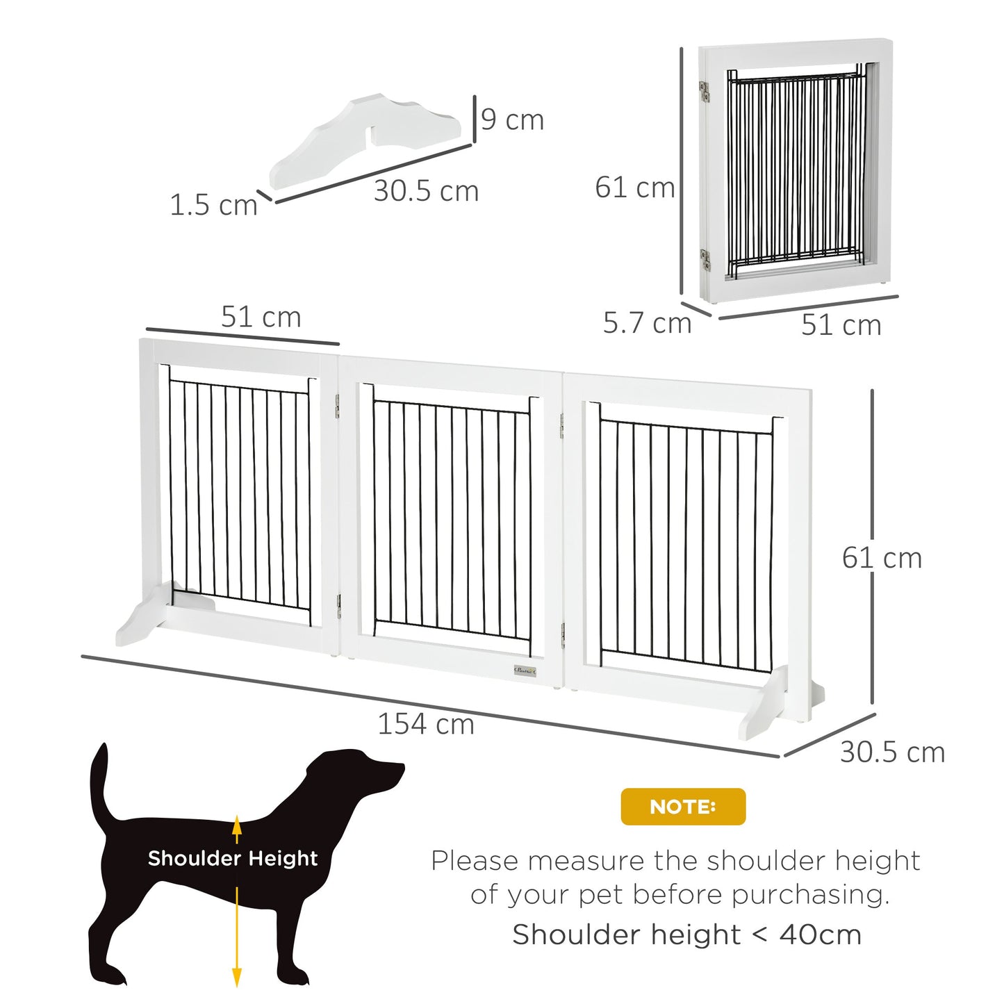 Freestanding Dog Cate, Foldable Wooden Pet Gate with  - 61cm Tall, for Stairways, Doorways, Hallways, Small Dogs - White