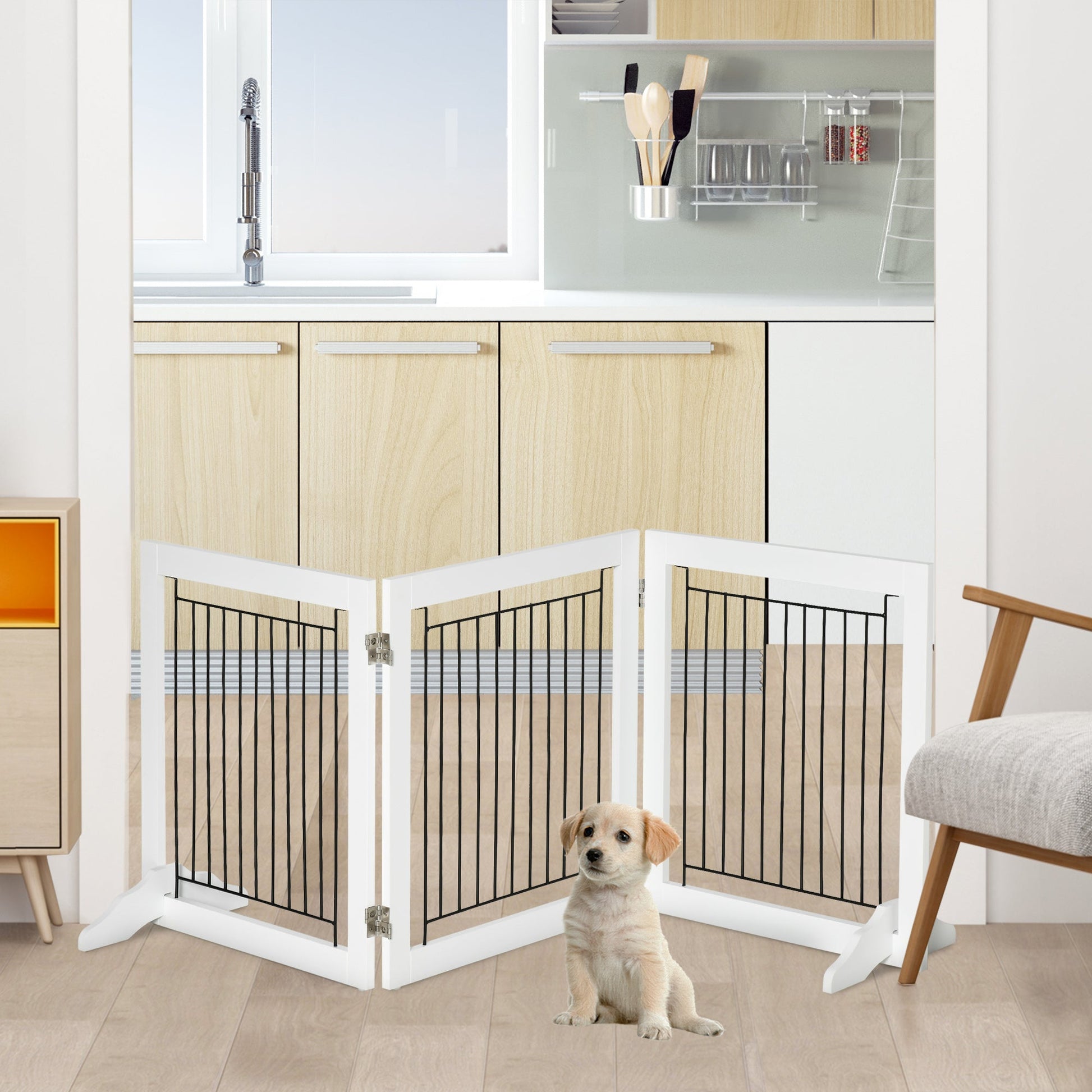 Freestanding Dog Cate, Foldable Wooden Pet Gate with  - 61cm Tall, for Stairways, Doorways, Hallways, Small Dogs - White