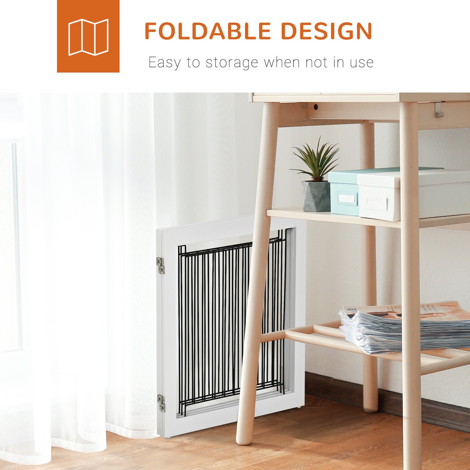 Freestanding Dog Cate, Foldable Wooden Pet Gate with  - 61cm Tall, for Stairways, Doorways, Hallways, Small Dogs - White