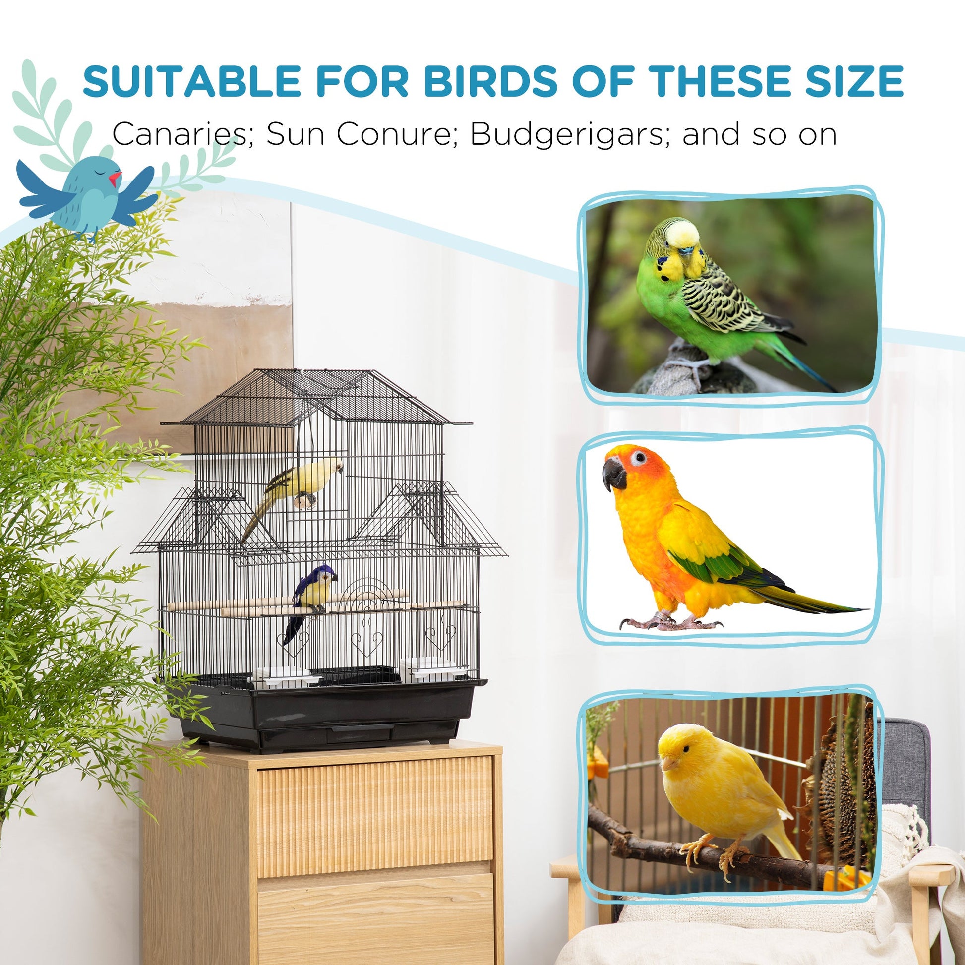 Metal Bird Cage with Plastic Swing Perch Food Container Tray Handle for Finch Canary Budgie 43.5 x 33 x 63 cm, Black