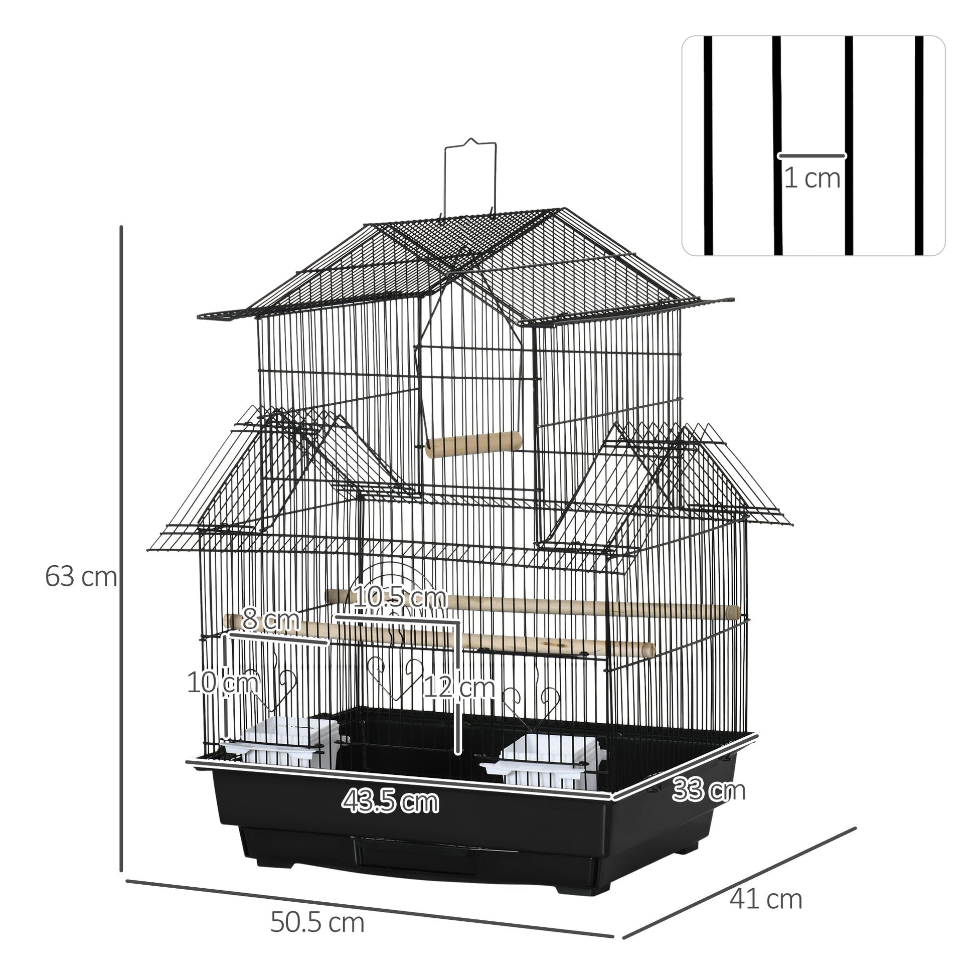 Metal Bird Cage with Plastic Swing Perch Food Container Tray Handle for Finch Canary Budgie 43.5 x 33 x 63 cm, Black
