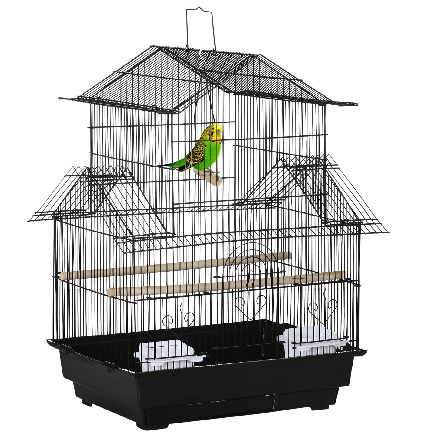Metal Bird Cage with Plastic Swing Perch Food Container Tray Handle for Finch Canary Budgie 43.5 x 33 x 63 cm, Black