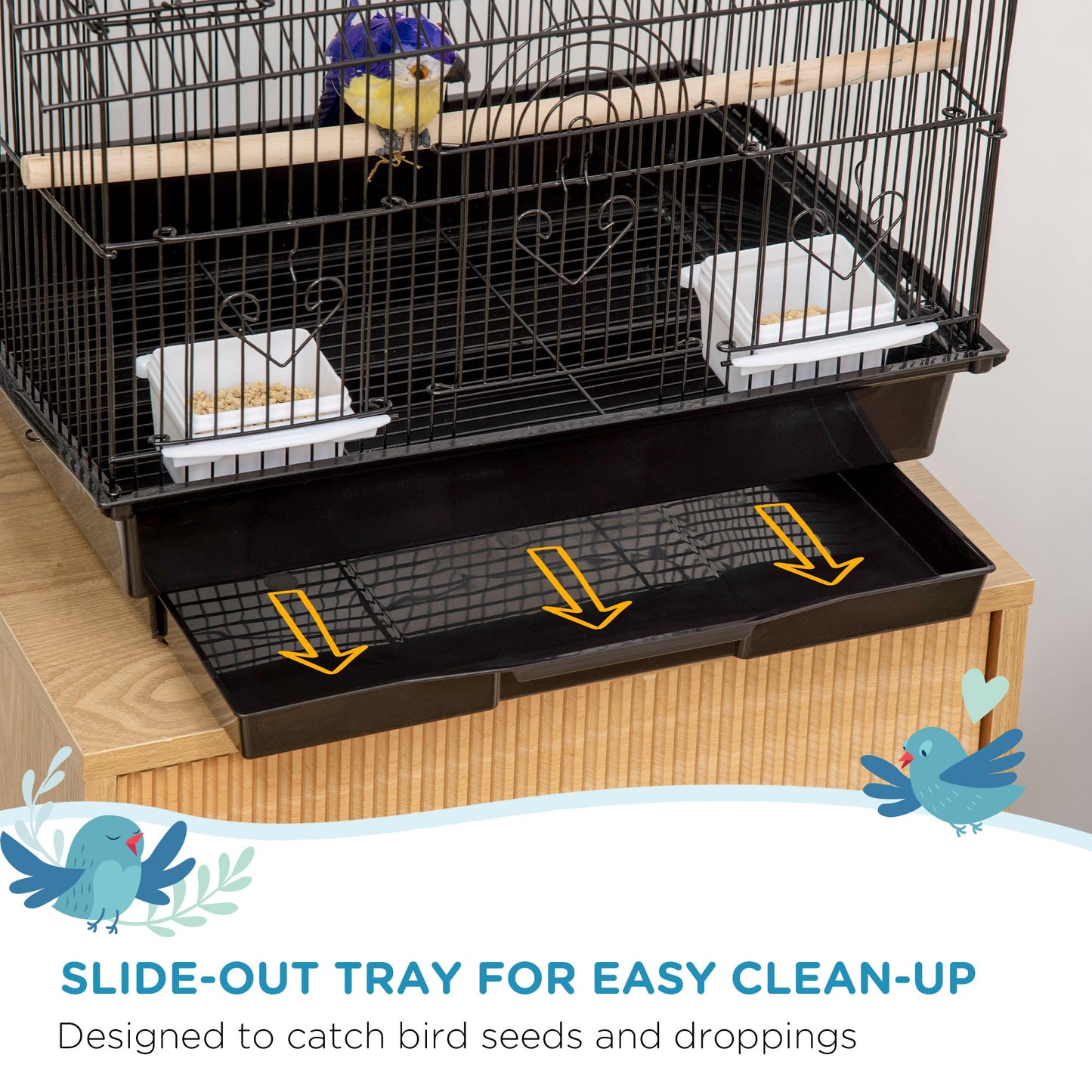 Metal Bird Cage with Plastic Swing Perch Food Container Tray Handle for Finch Canary Budgie 43.5 x 33 x 63 cm, Black