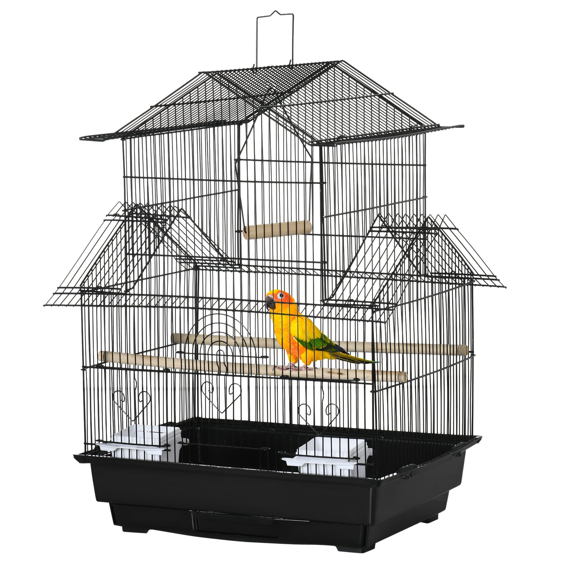 Metal Bird Cage with Plastic Swing Perch Food Container Tray Handle for Finch Canary Budgie 43.5 x 33 x 63 cm, Black