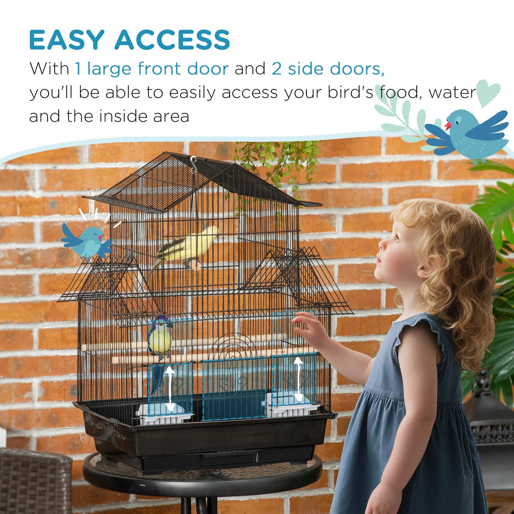 Metal Bird Cage with Plastic Swing Perch Food Container Tray Handle for Finch Canary Budgie 43.5 x 33 x 63 cm, Black