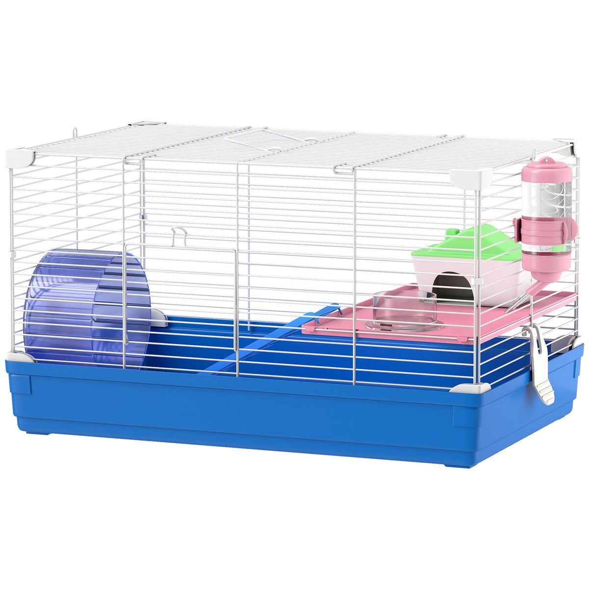 Hamster Cage, Small Gerbil Cage 2 Tiers Portable w/ Handle, Exercise Wheel, Water Bottle, Dishes, Blue