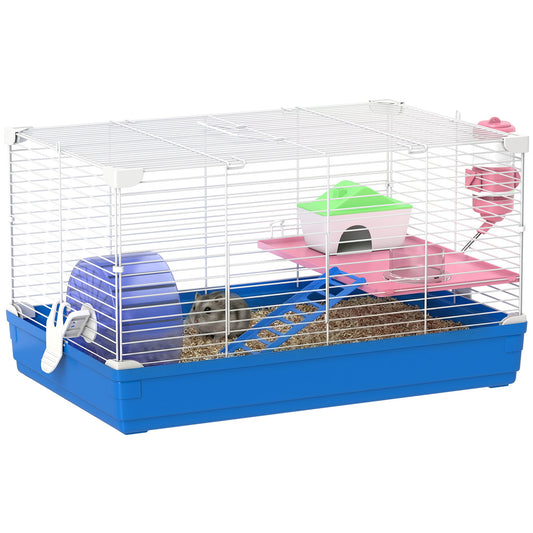 Hamster Cage, Small Gerbil Cage 2 Tiers Portable w/ Handle, Exercise Wheel, Water Bottle, Dishes, Blue