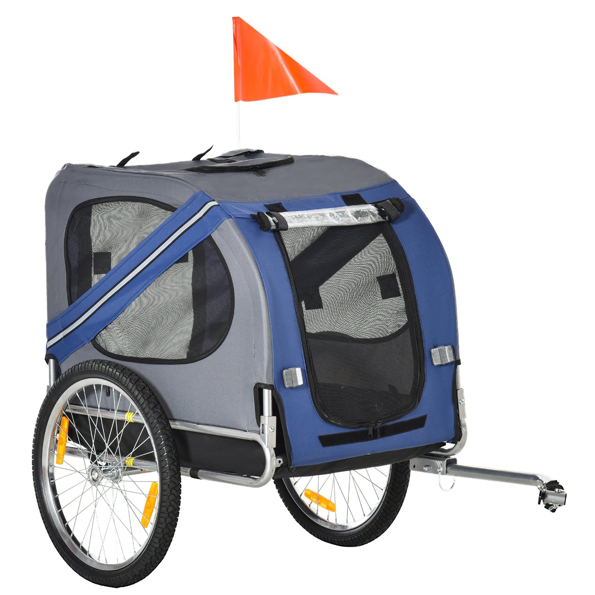 Folding Dog Bike Trailer Pet Cart Carrier for Bicycle Travel in Steel Frame with Hitch Coupler - Blue & Grey