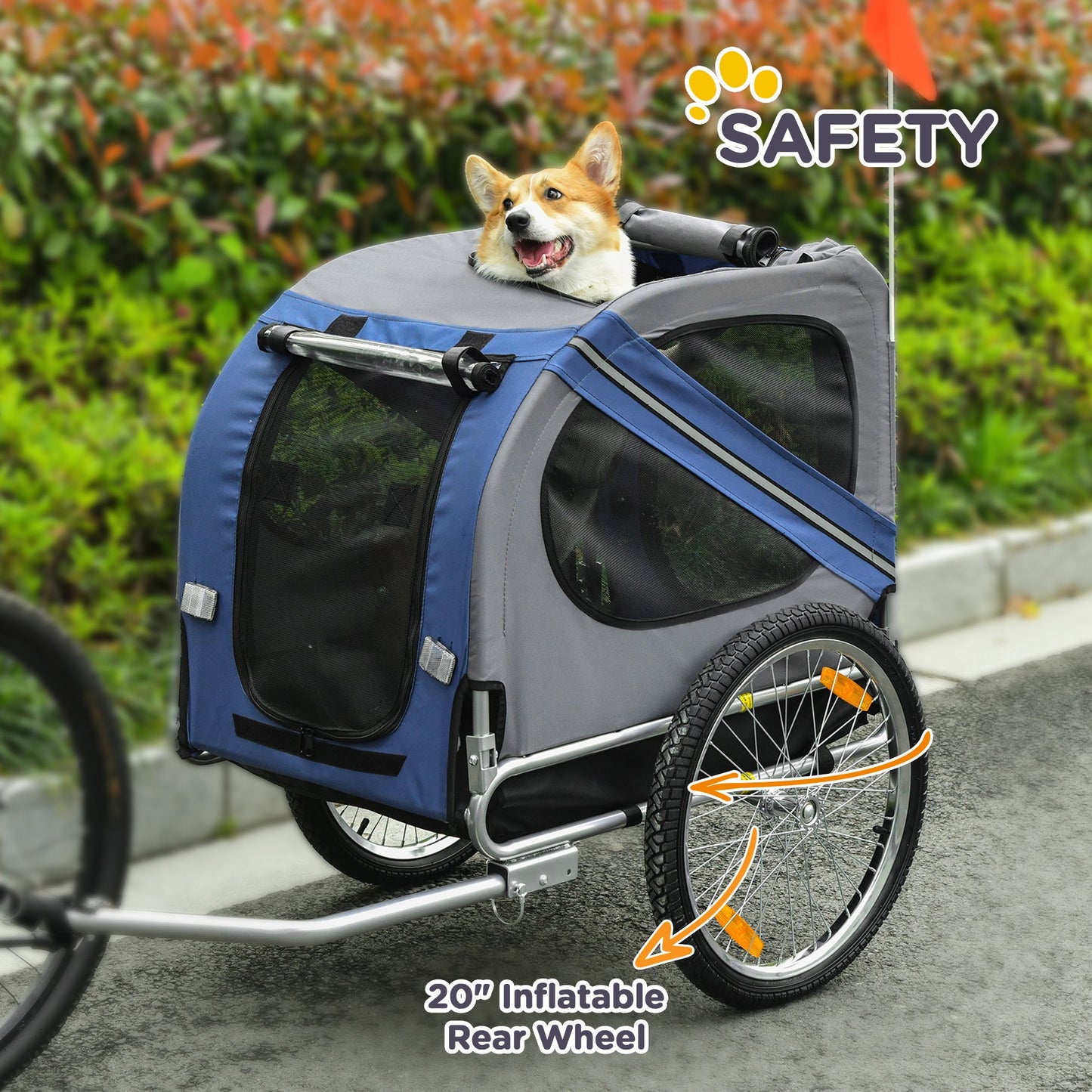 Folding Dog Bike Trailer Pet Cart Carrier for Bicycle Travel in Steel Frame with Hitch Coupler - Blue & Grey