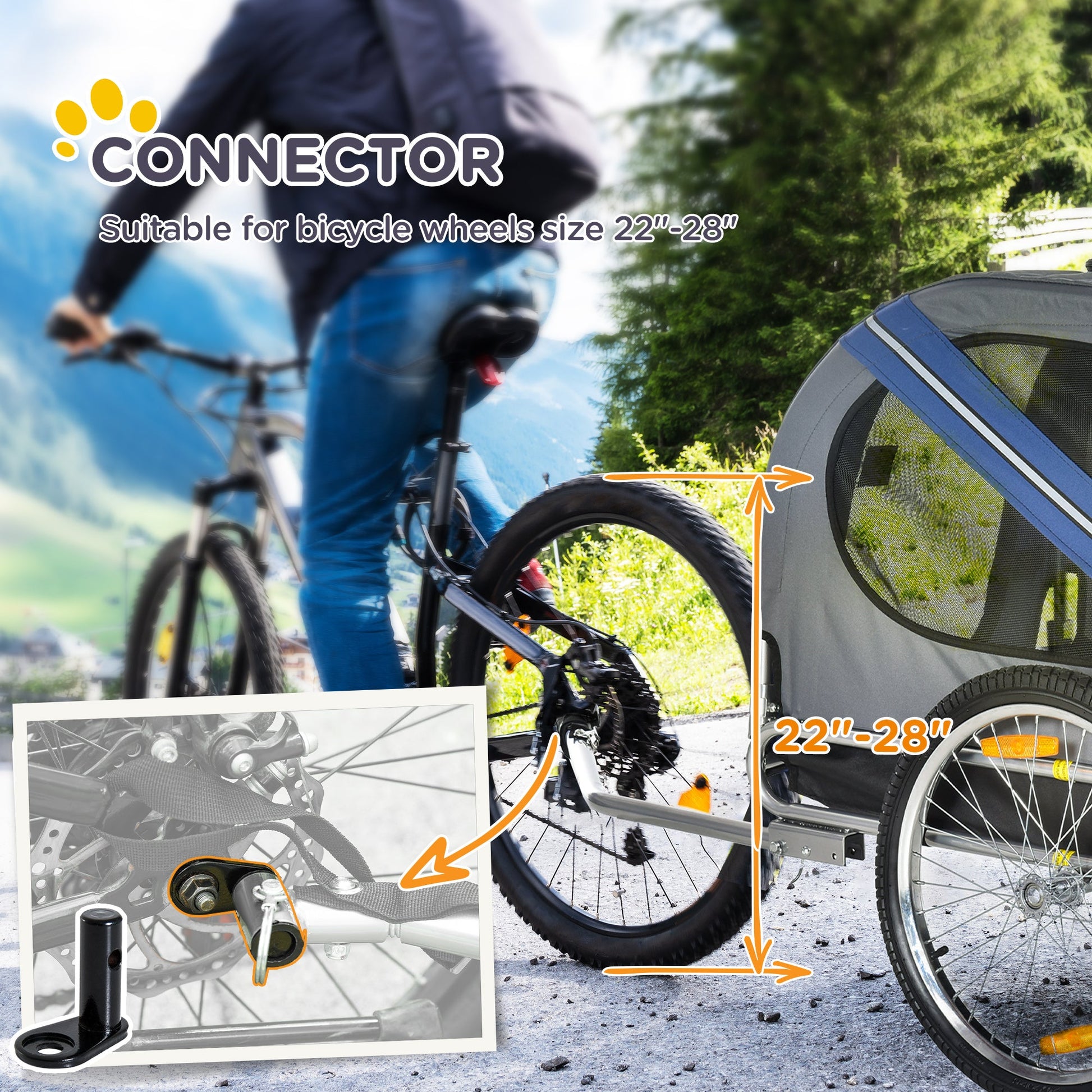 Folding Dog Bike Trailer Pet Cart Carrier for Bicycle Travel in Steel Frame with Hitch Coupler - Blue & Grey