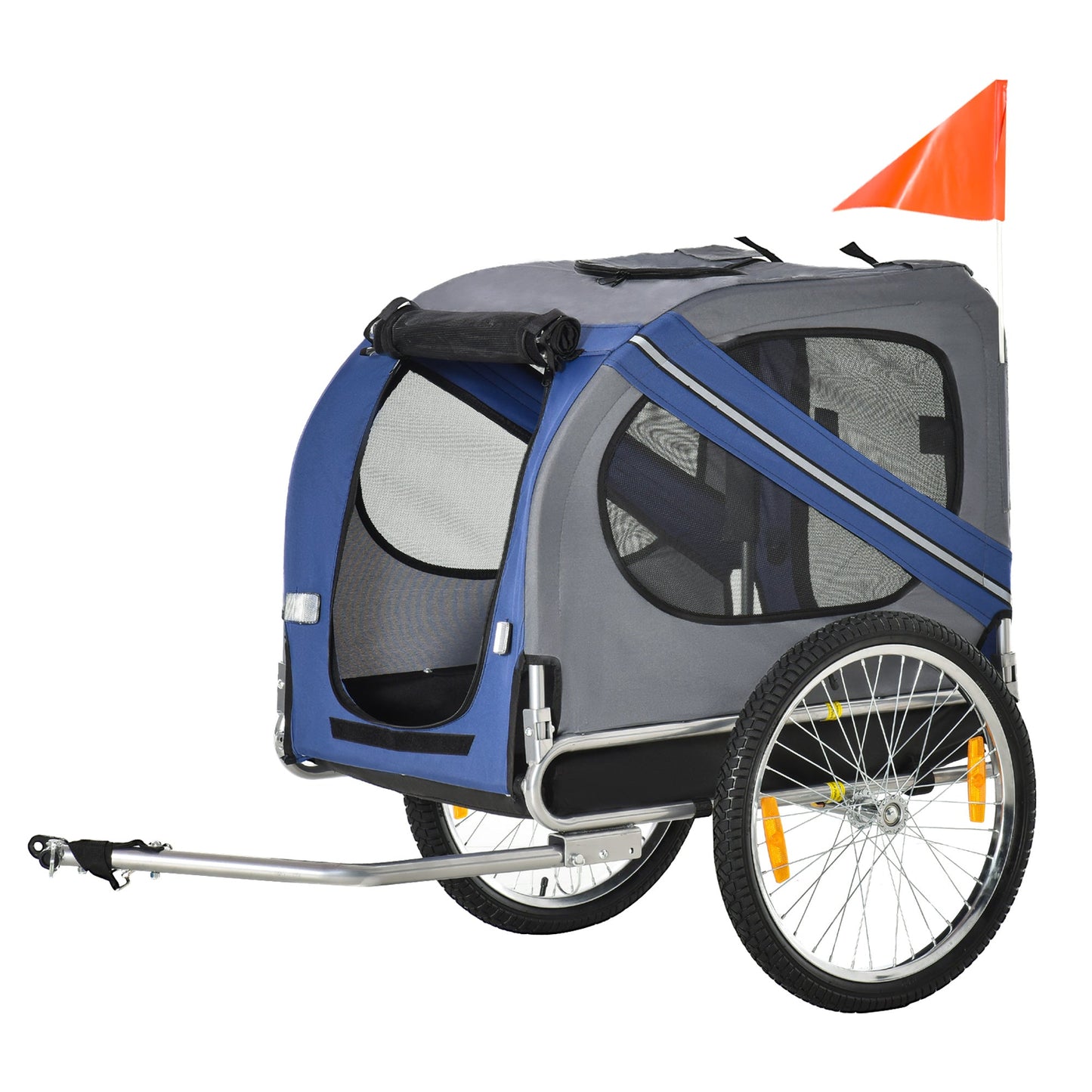 Folding Dog Bike Trailer Pet Cart Carrier for Bicycle Travel in Steel Frame with Hitch Coupler - Blue & Grey