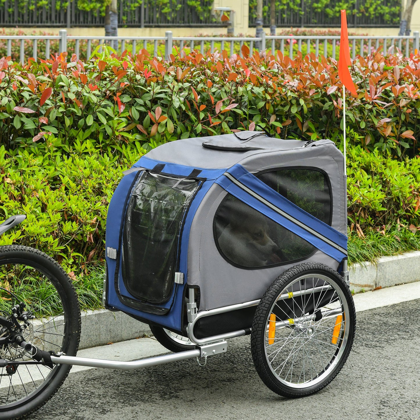 Folding Dog Bike Trailer Pet Cart Carrier for Bicycle Travel in Steel Frame with Hitch Coupler - Blue & Grey