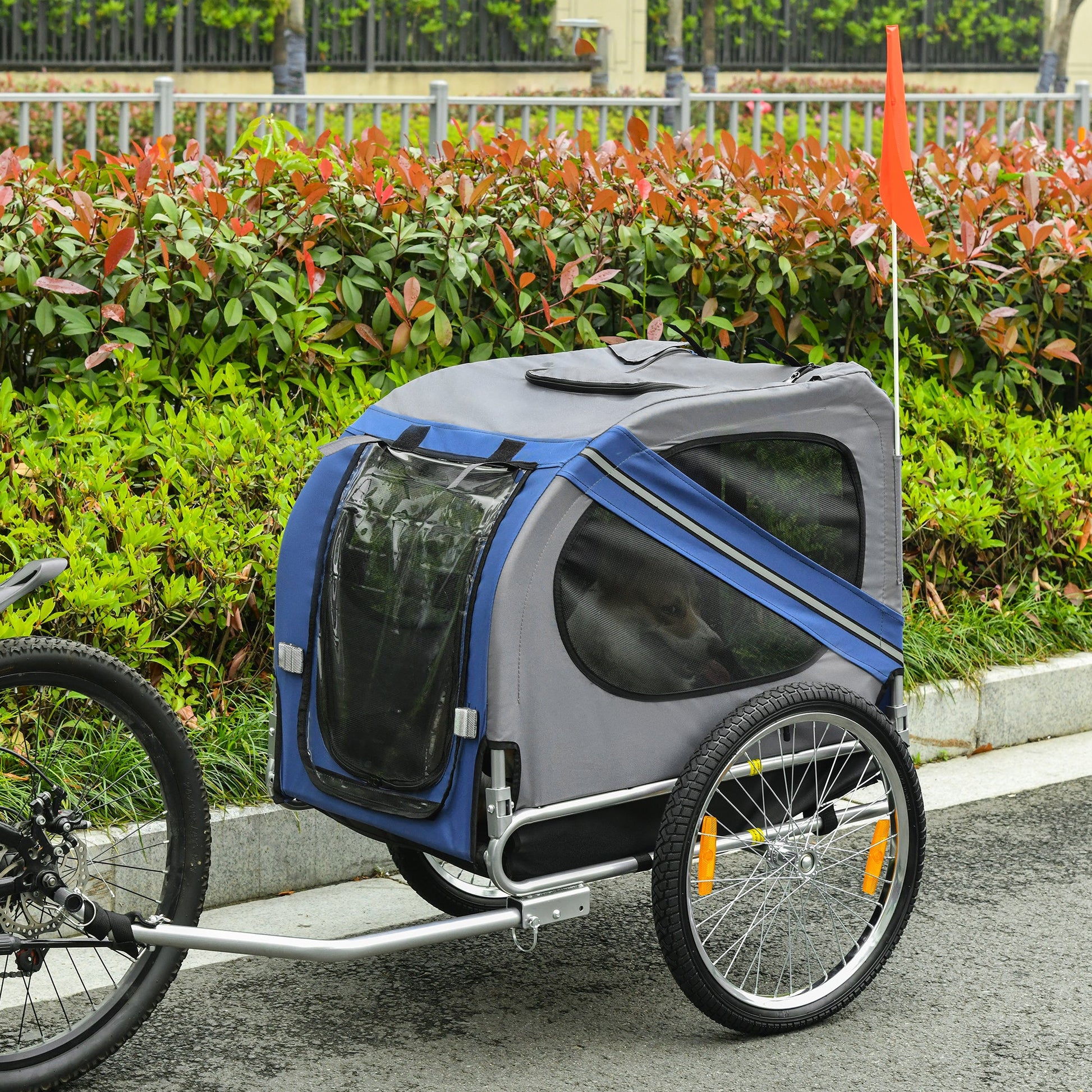 Folding Dog Bike Trailer Pet Cart Carrier for Bicycle Travel in Steel Frame with Hitch Coupler - Blue & Grey