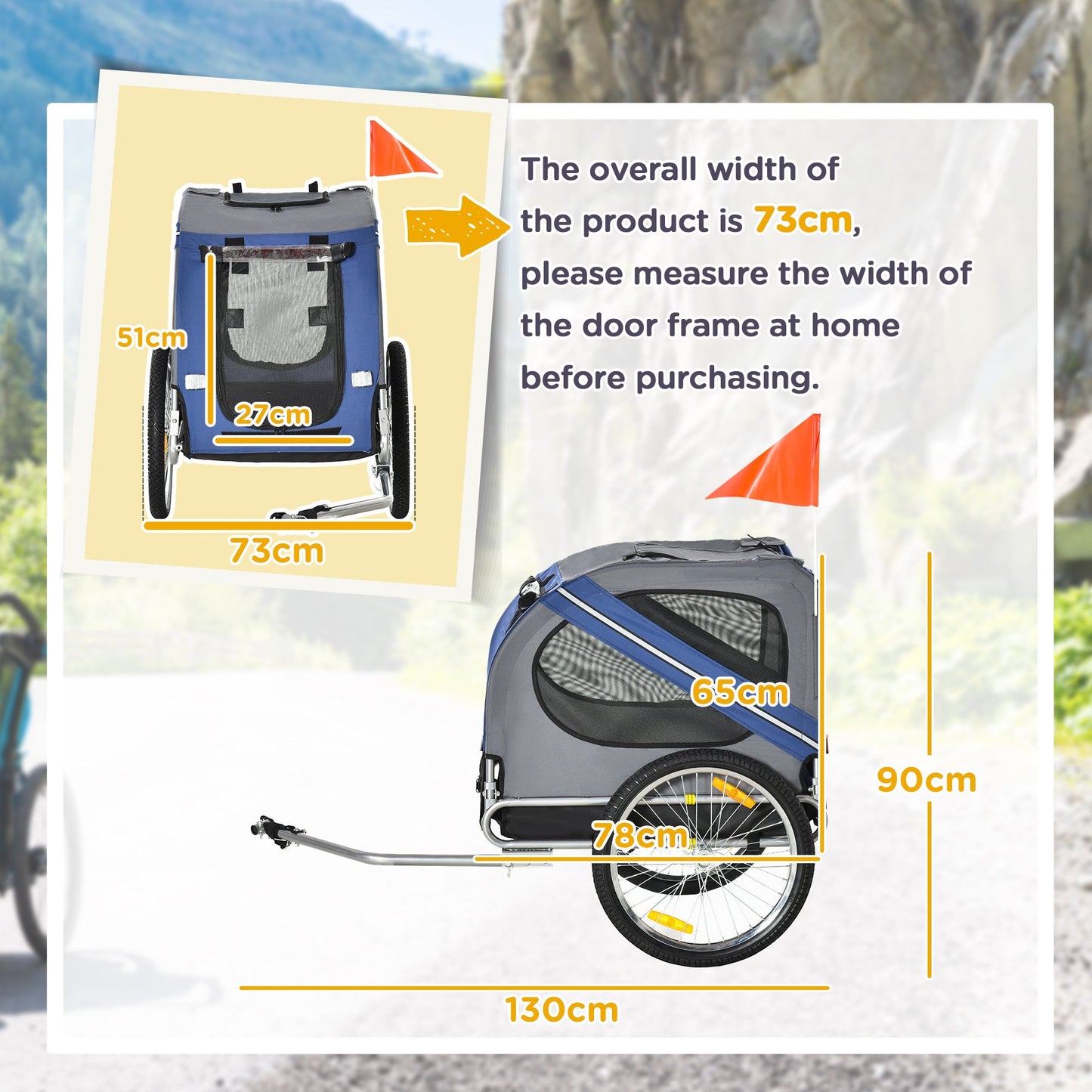 Folding Dog Bike Trailer Pet Cart Carrier for Bicycle Travel in Steel Frame with Hitch Coupler - Blue & Grey