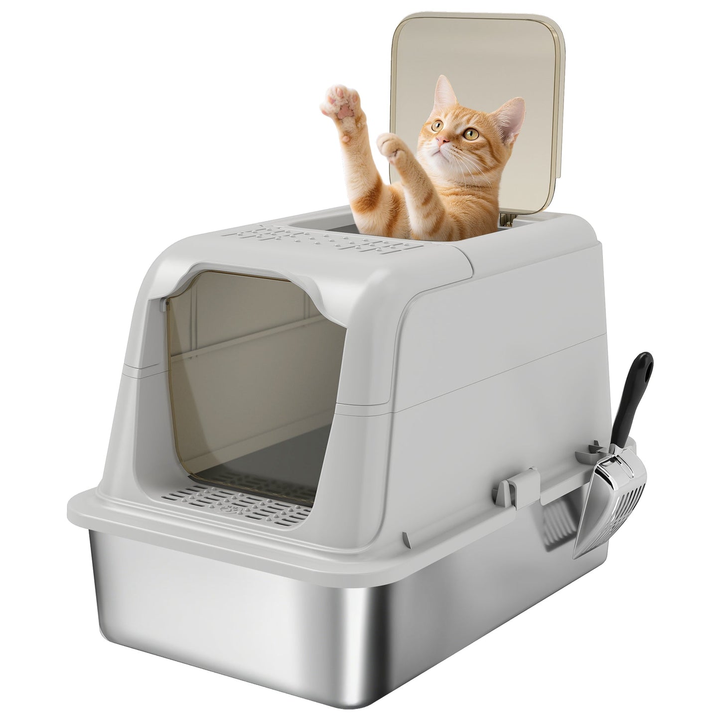 Stainless Steel Litter Box with Lid, Extra Large Hooded Cat Litter Tray for Big Cats with Front-Entry and Top-Exit, Metal Scoop, Deodorizer Bag, Non-Sticky, Odour Control and Easy Clean