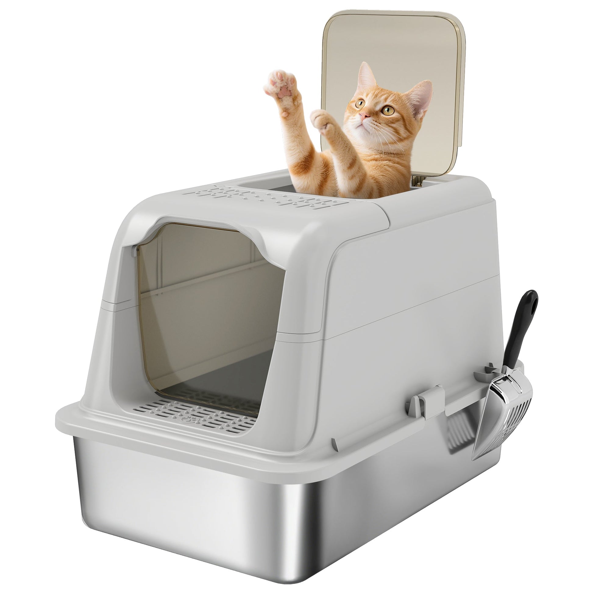 Stainless Steel Litter Box with Lid, Extra Large Hooded Cat Litter Tray for Big Cats with Front-Entry and Top-Exit, Metal Scoop, Deodorizer Bag, Non-Sticky, Odour Control and Easy Clean