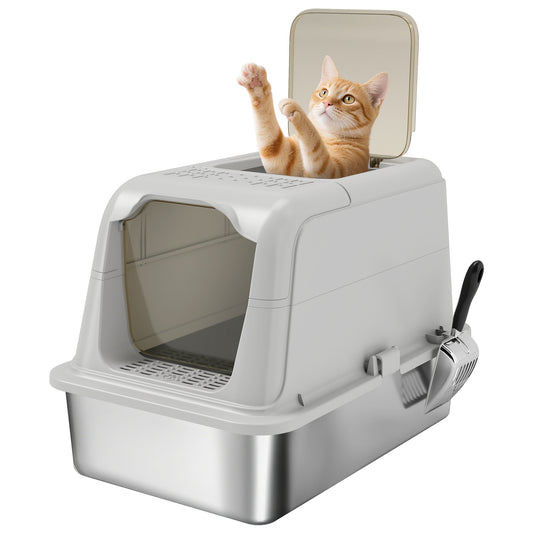 Stainless Steel Litter Box with Lid, Extra Large Hooded Cat Litter Tray for Big Cats with Front-Entry and Top-Exit, Metal Scoop, Deodorizer Bag, Non-Sticky, Odour Control and Easy Clean