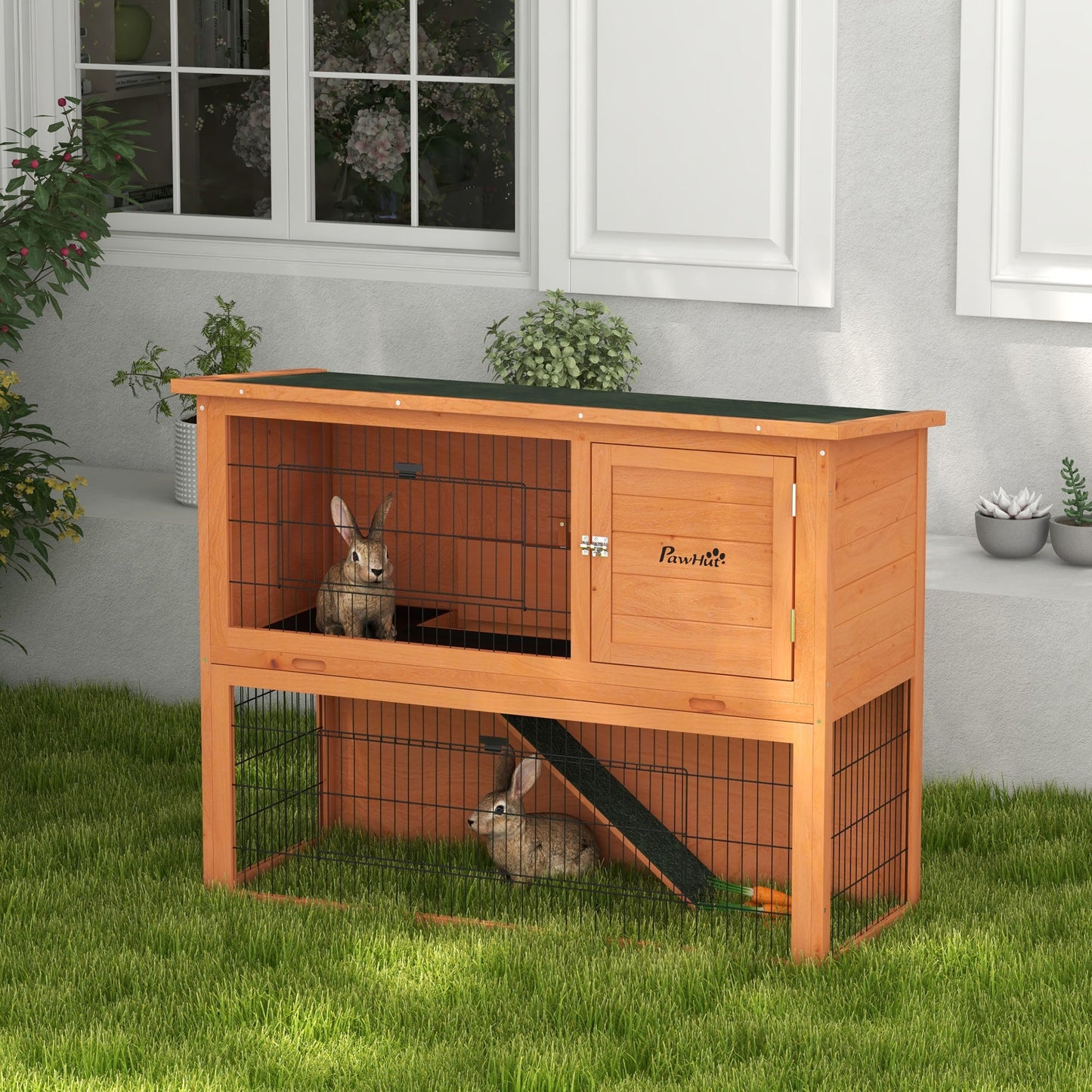 Rabbit Hutch Guinea Pig Hutch Wooden with No-Leak Tray, Asphalt Roof, Antiseptic Wood Outdoor for 1-2 Rabbits 120 x 50 x 92cm - Orange