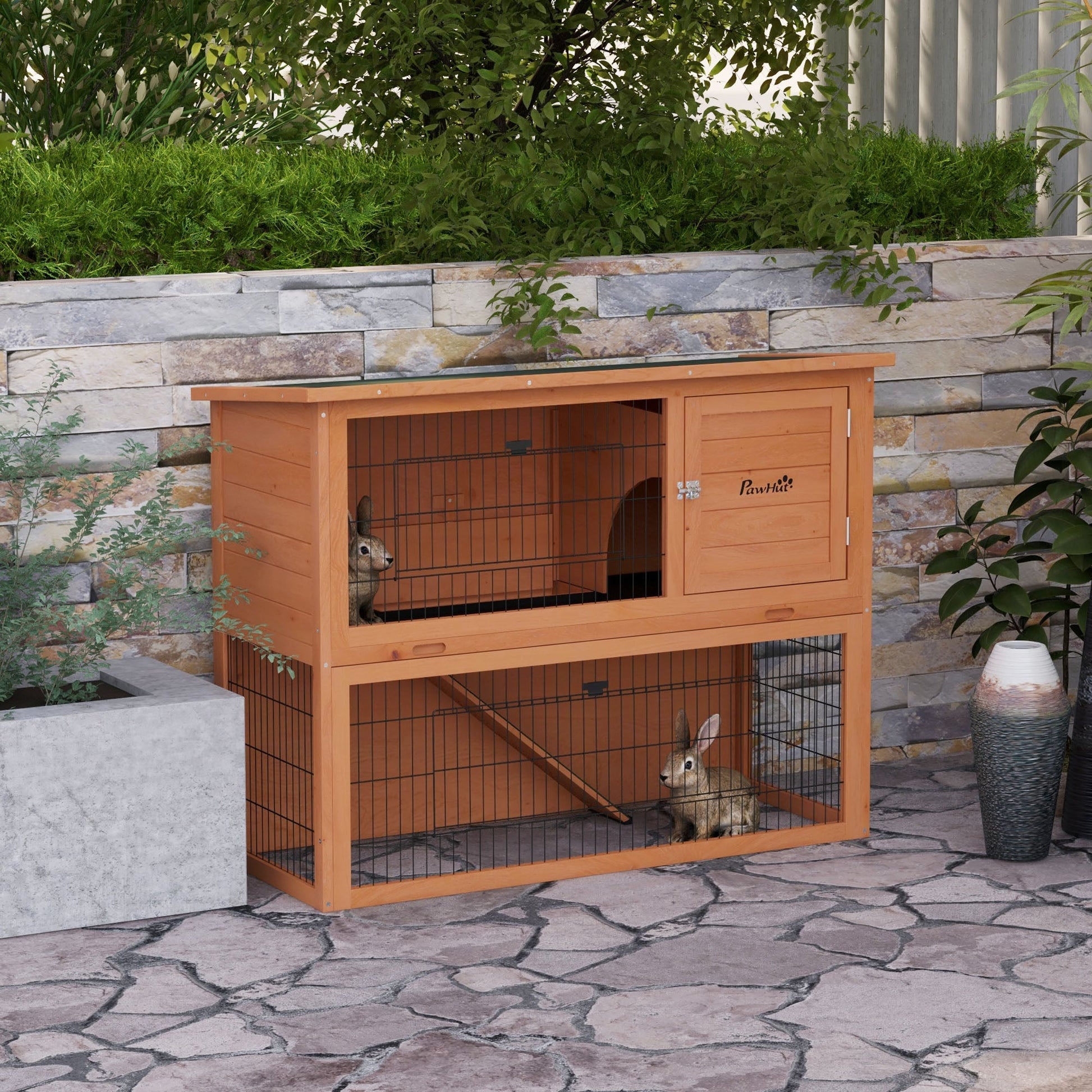 Rabbit Hutch Guinea Pig Hutch Wooden with No-Leak Tray, Asphalt Roof, Antiseptic Wood Outdoor for 1-2 Rabbits 120 x 50 x 92cm - Orange