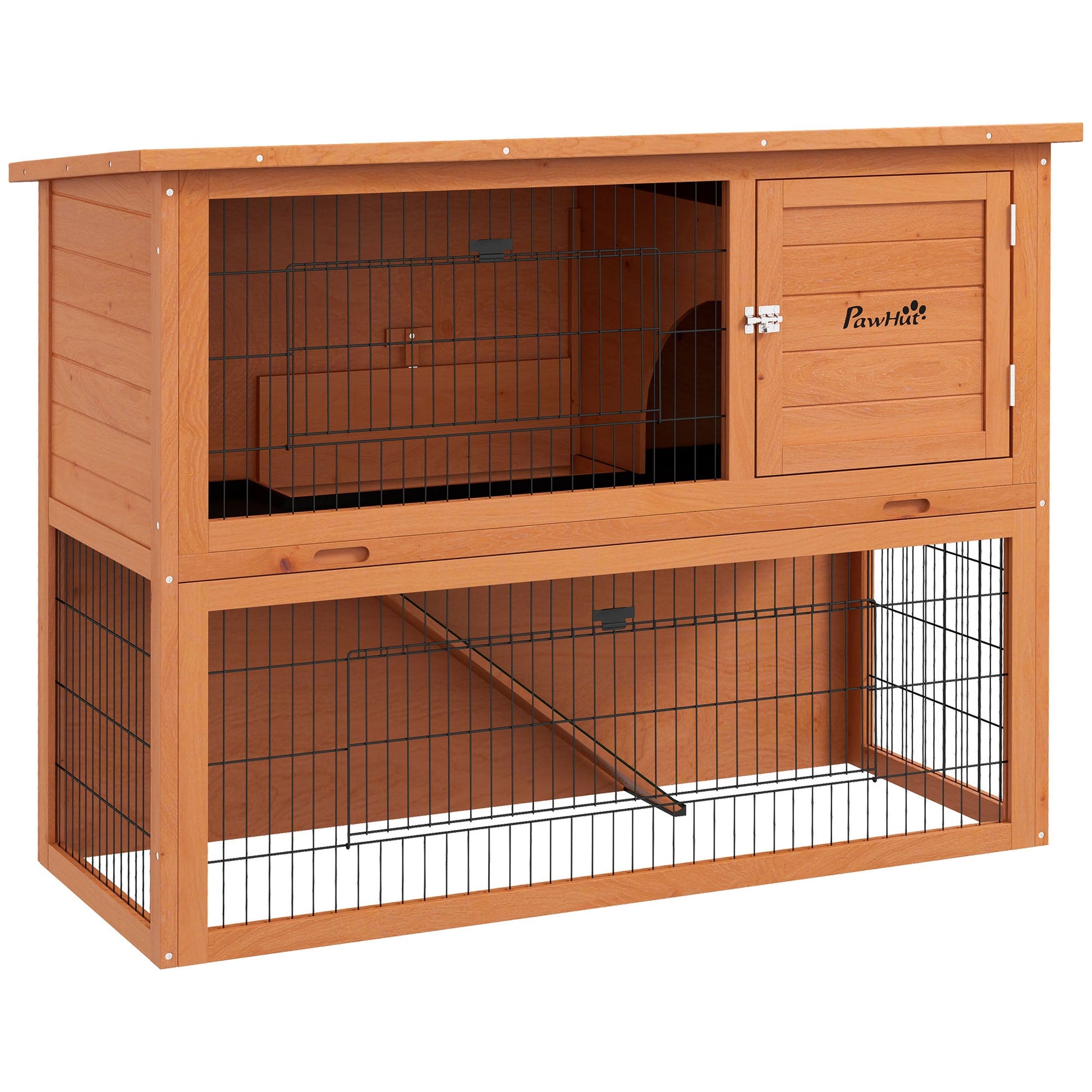 Rabbit Hutch Guinea Pig Hutch Wooden with No-Leak Tray, Asphalt Roof, Antiseptic Wood Outdoor for 1-2 Rabbits 120 x 50 x 92cm - Orange