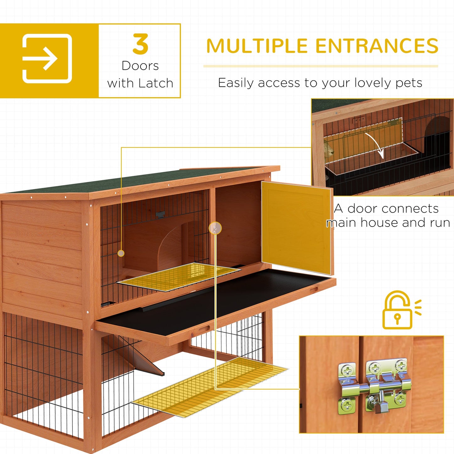 Rabbit Hutch Guinea Pig Hutch Wooden with No-Leak Tray, Asphalt Roof, Antiseptic Wood Outdoor for 1-2 Rabbits 120 x 50 x 92cm - Orange